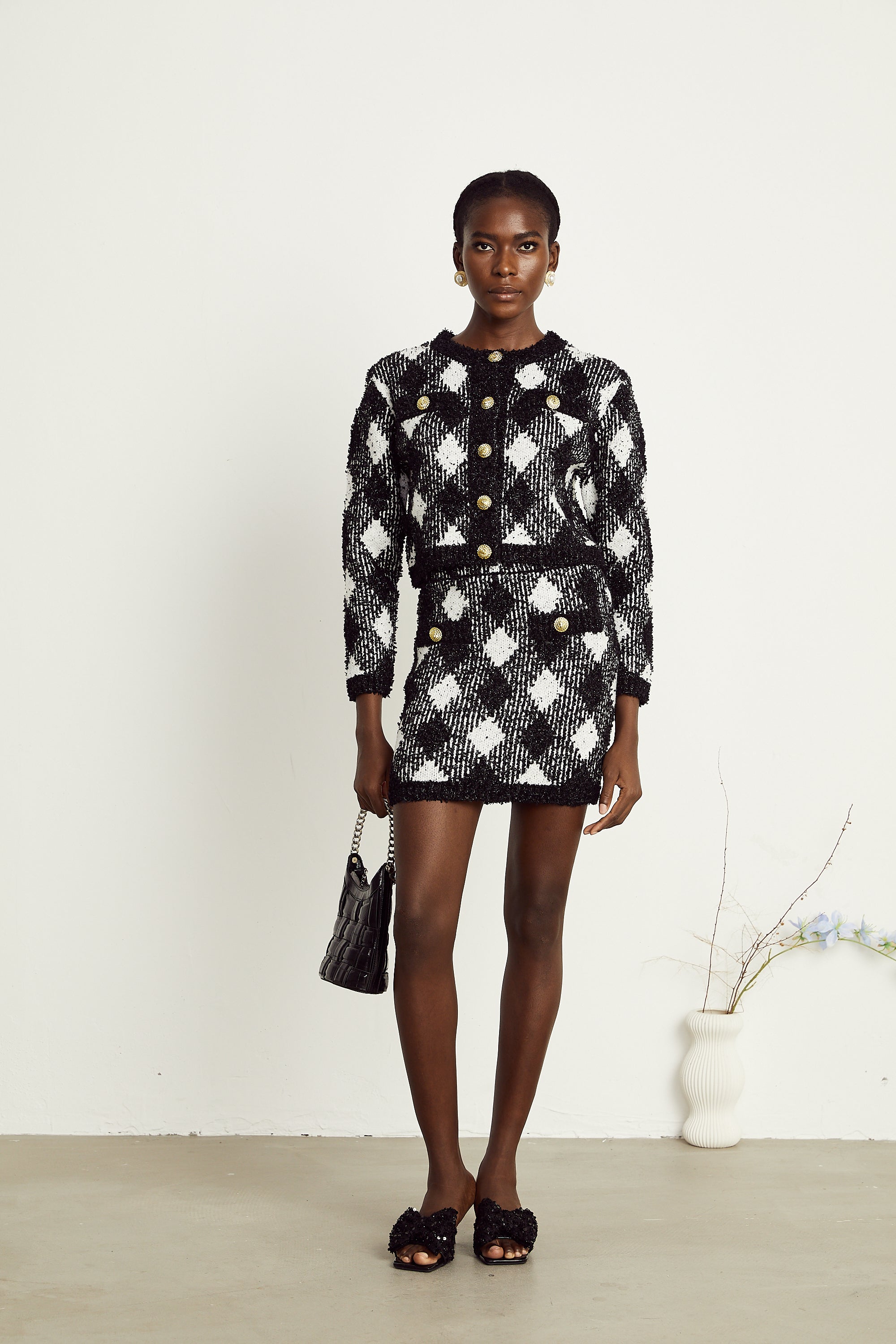 Cécile black argyle-check knit jacket & skirt matching set