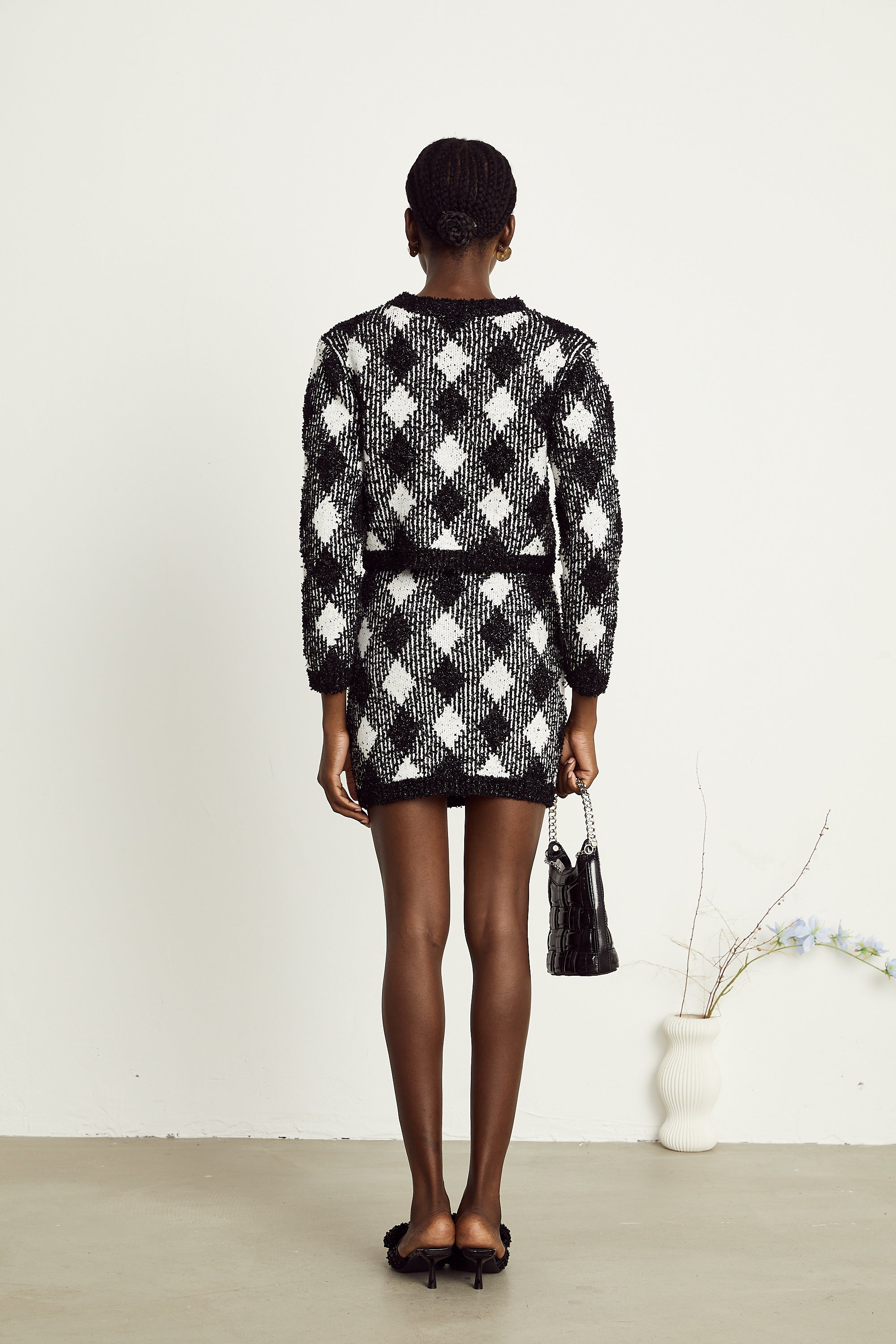 Cécile black argyle-check knit jacket & skirt matching set