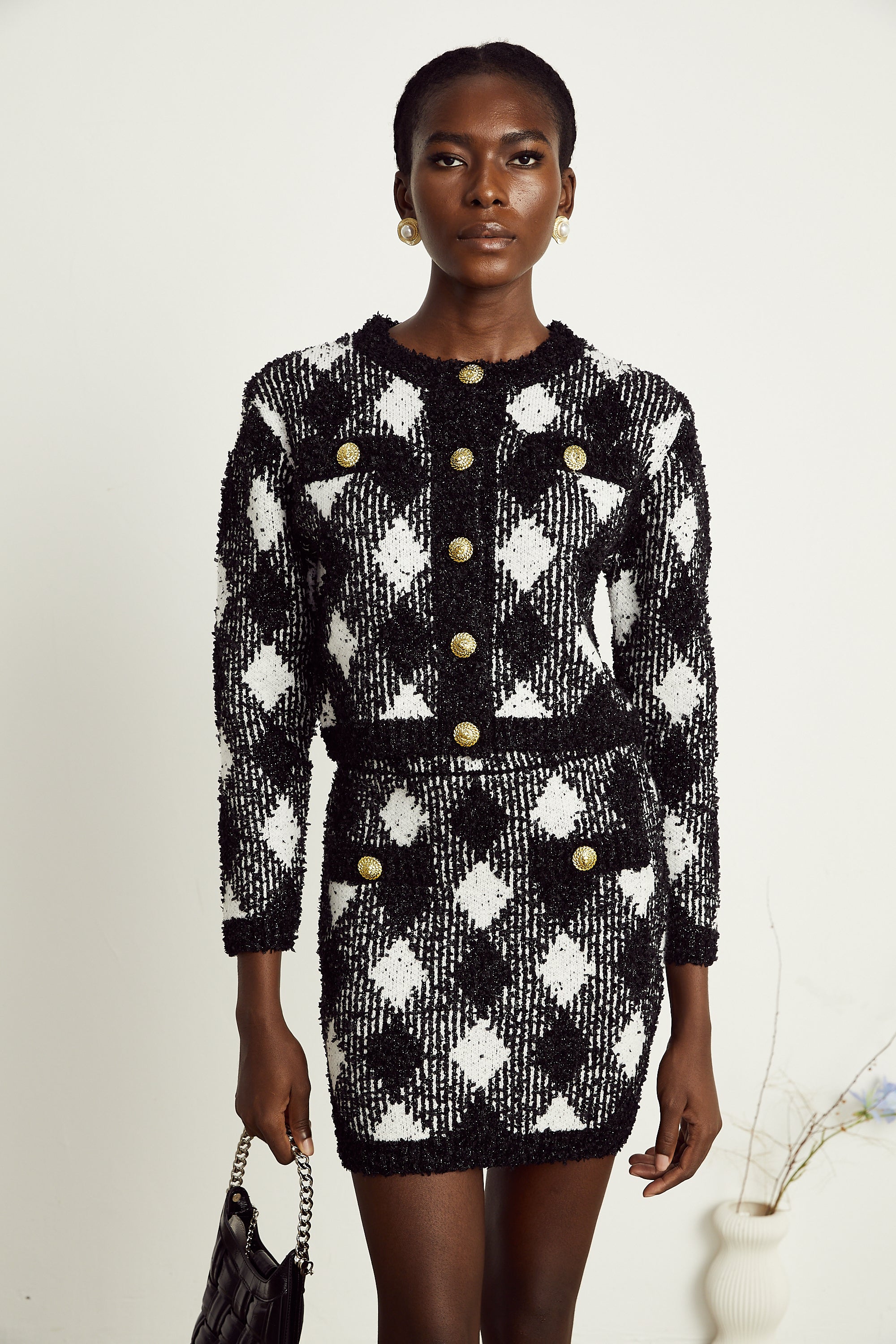 Cécile black argyle-check knit jacket & skirt matching set