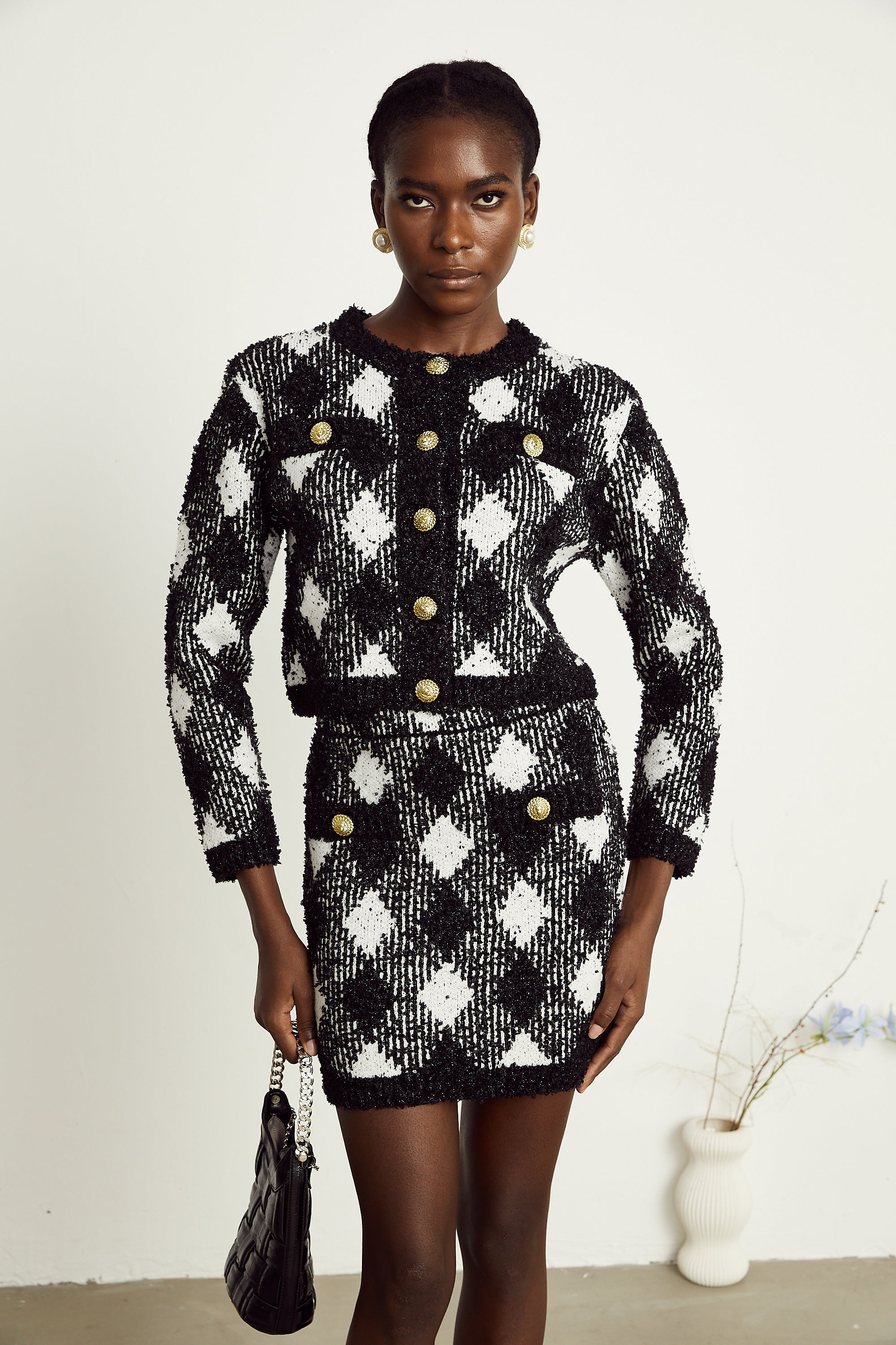 Cécile black argyle-check knit jacket & skirt matching set