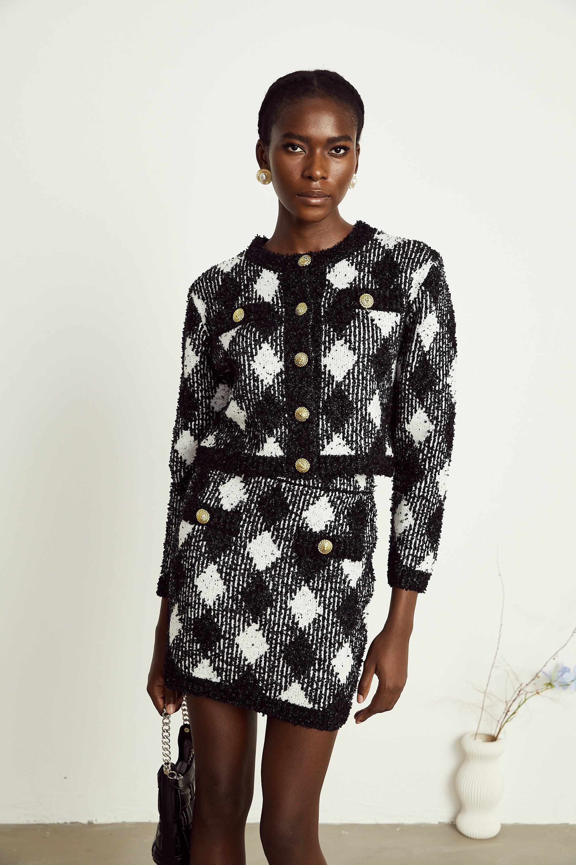 Cécile black argyle-check knit jacket & skirt matching set