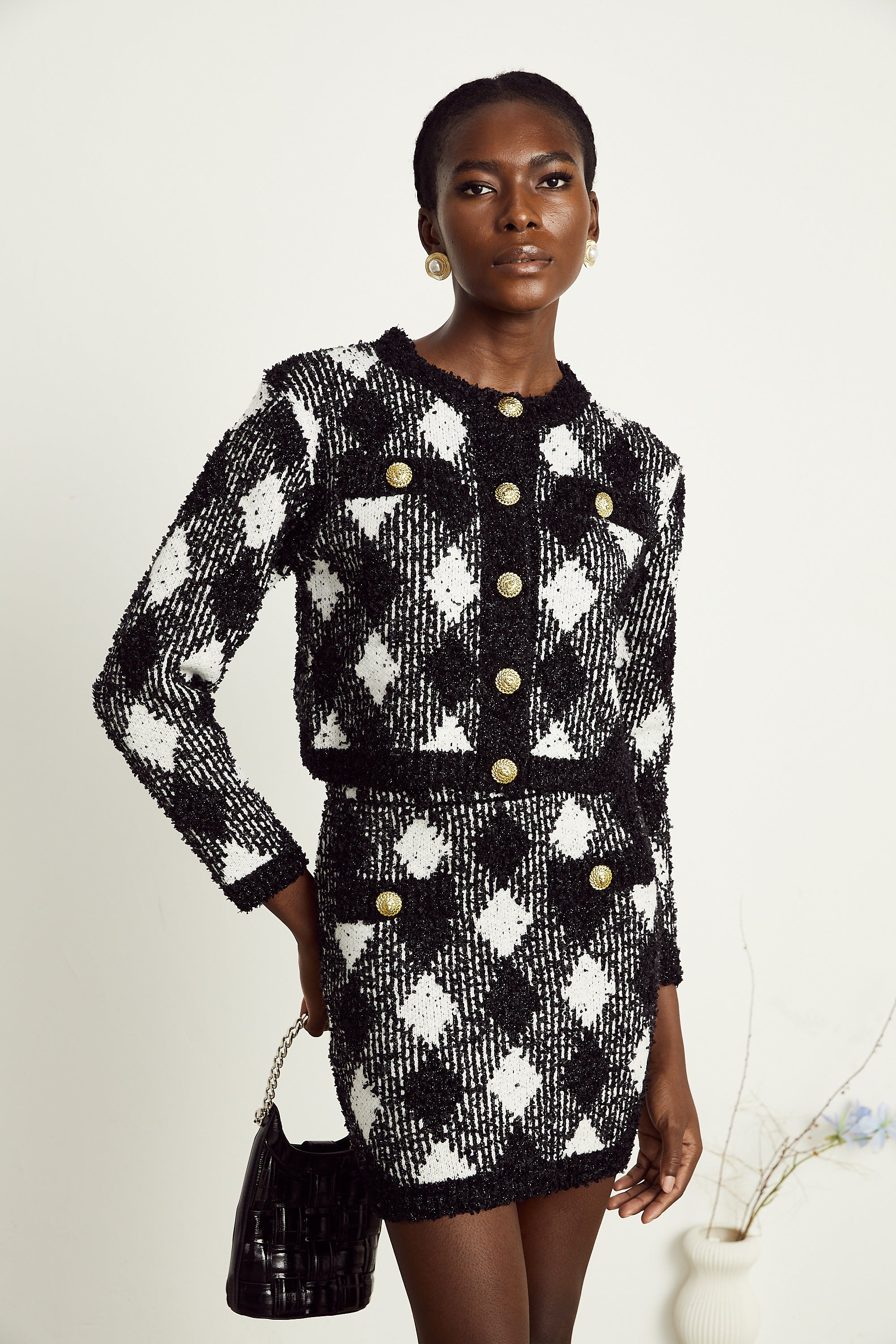 Cécile black argyle-check knit jacket & skirt matching set