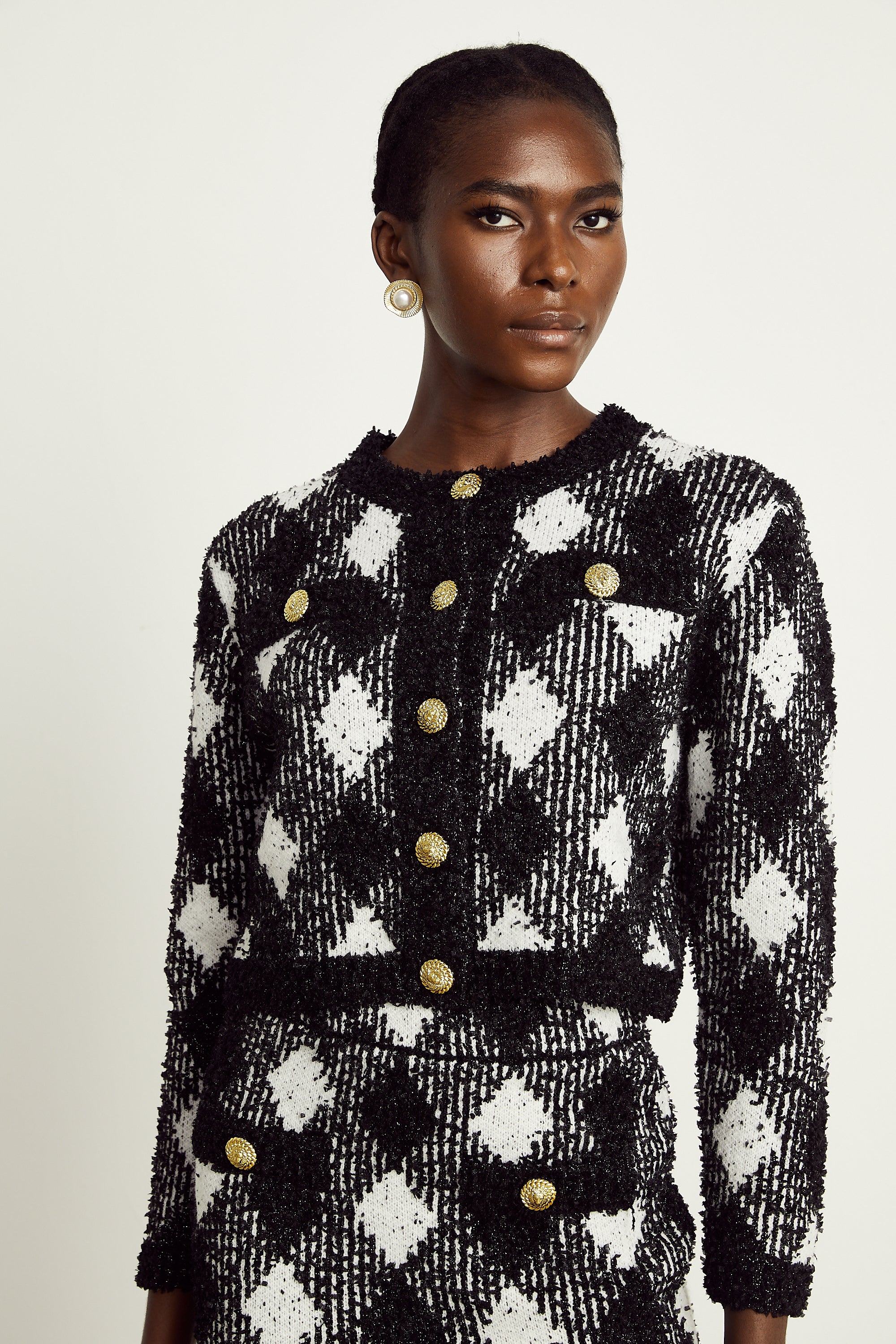 Cécile black argyle-check knit jacket & skirt matching set