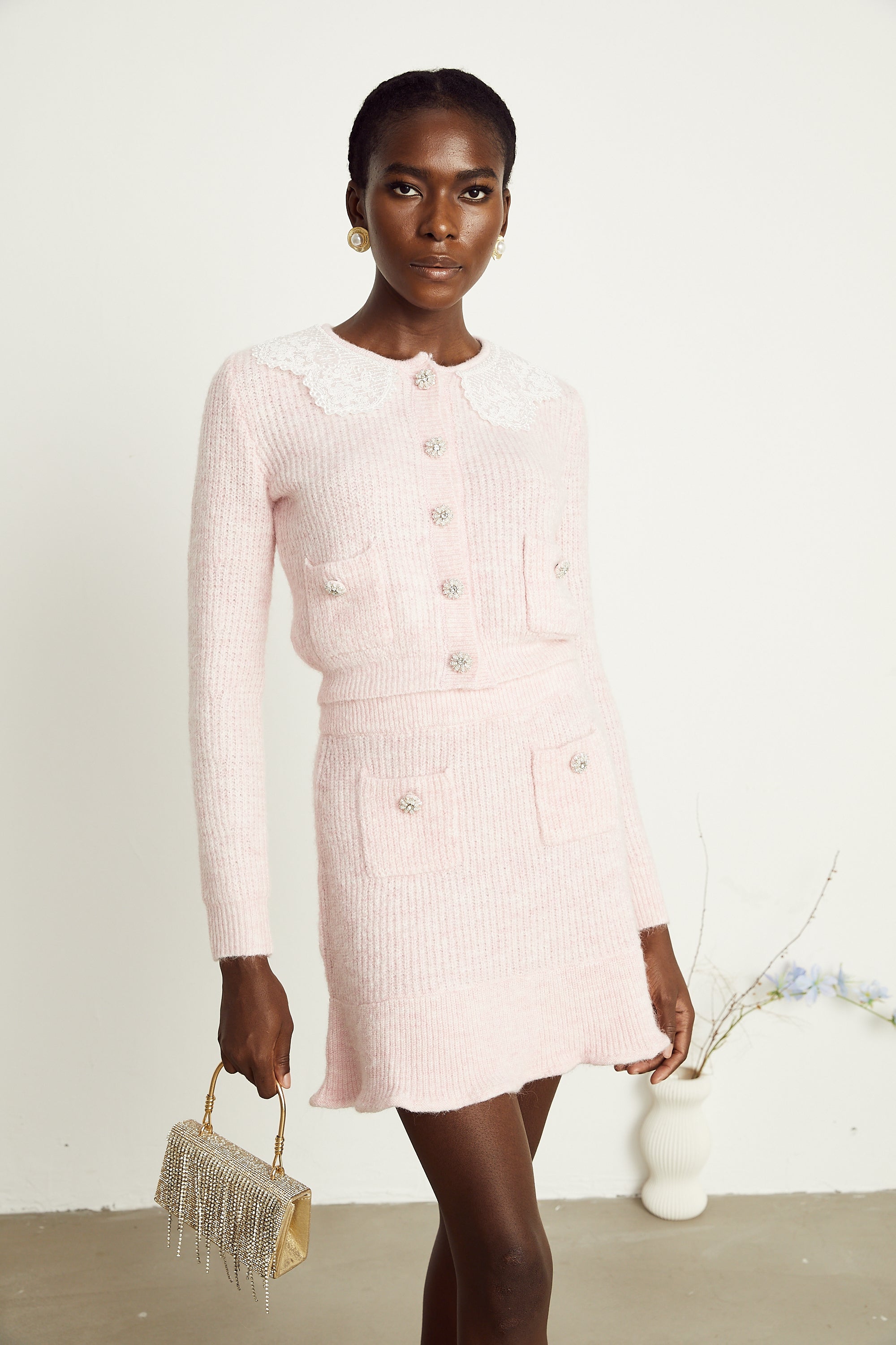 Anaïs pink ribbed-knit cardigan & skirt matching set