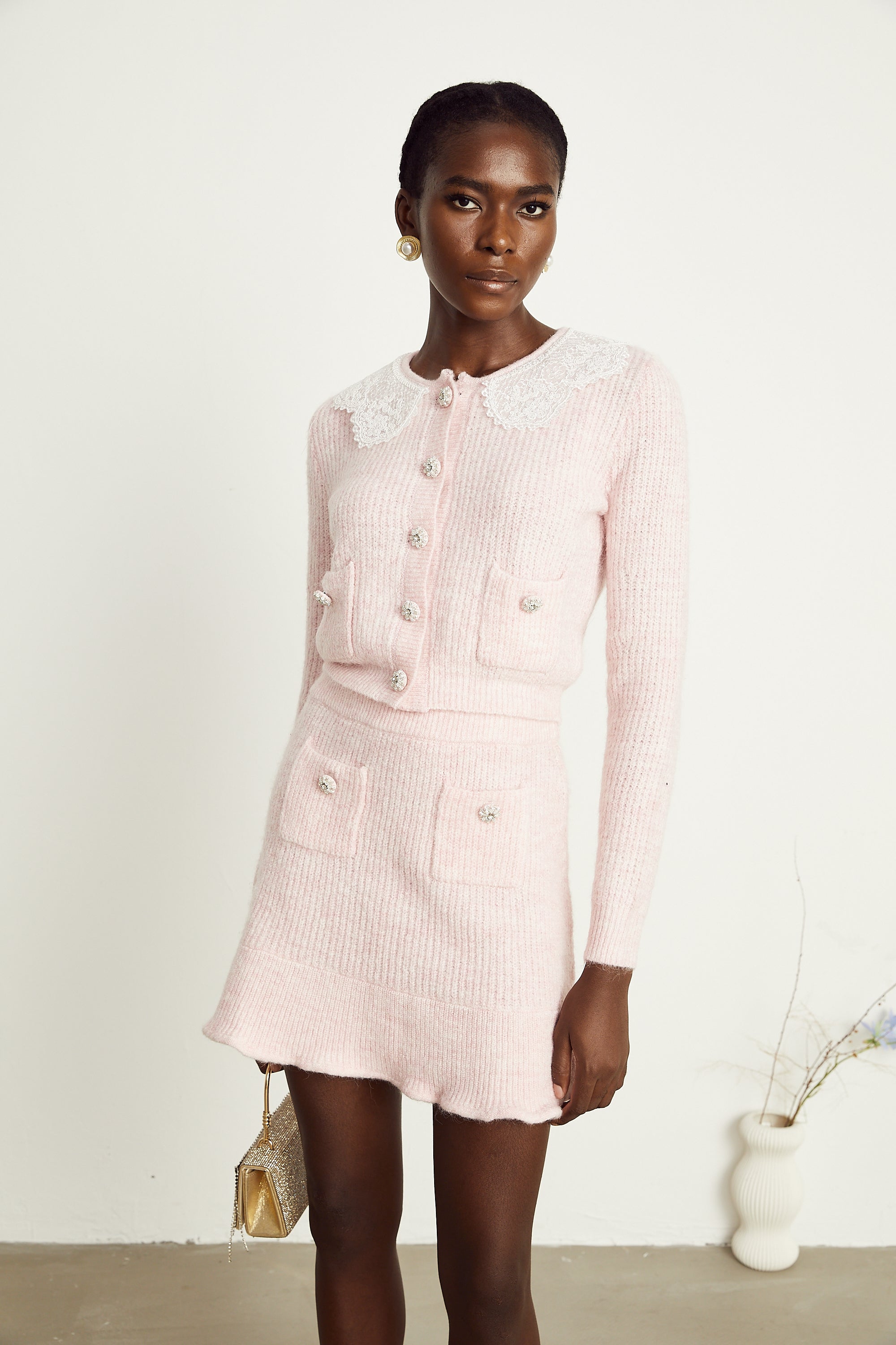 Anaïs pink ribbed-knit cardigan & skirt matching set