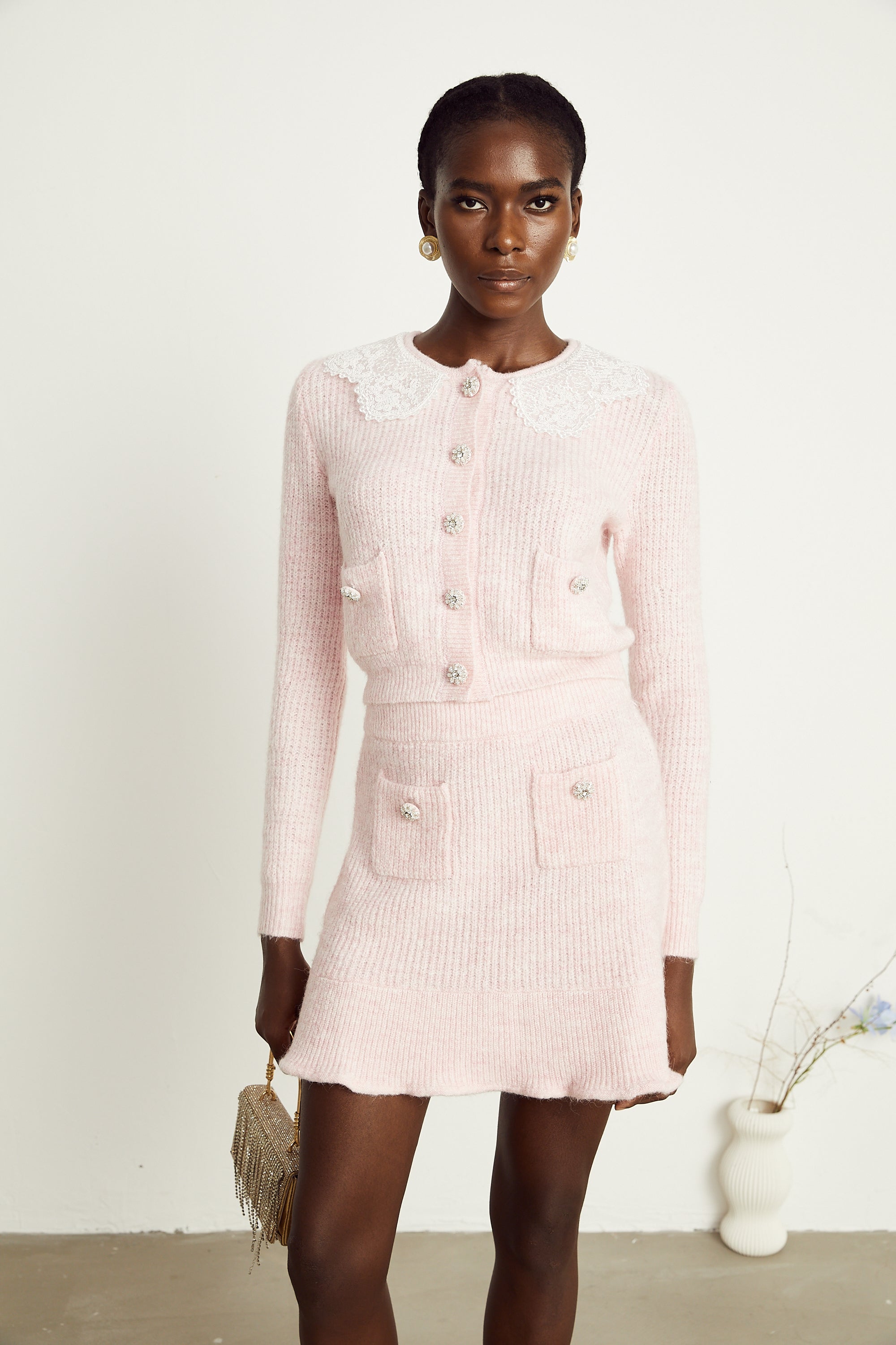 Anaïs pink ribbed-knit cardigan & skirt matching set