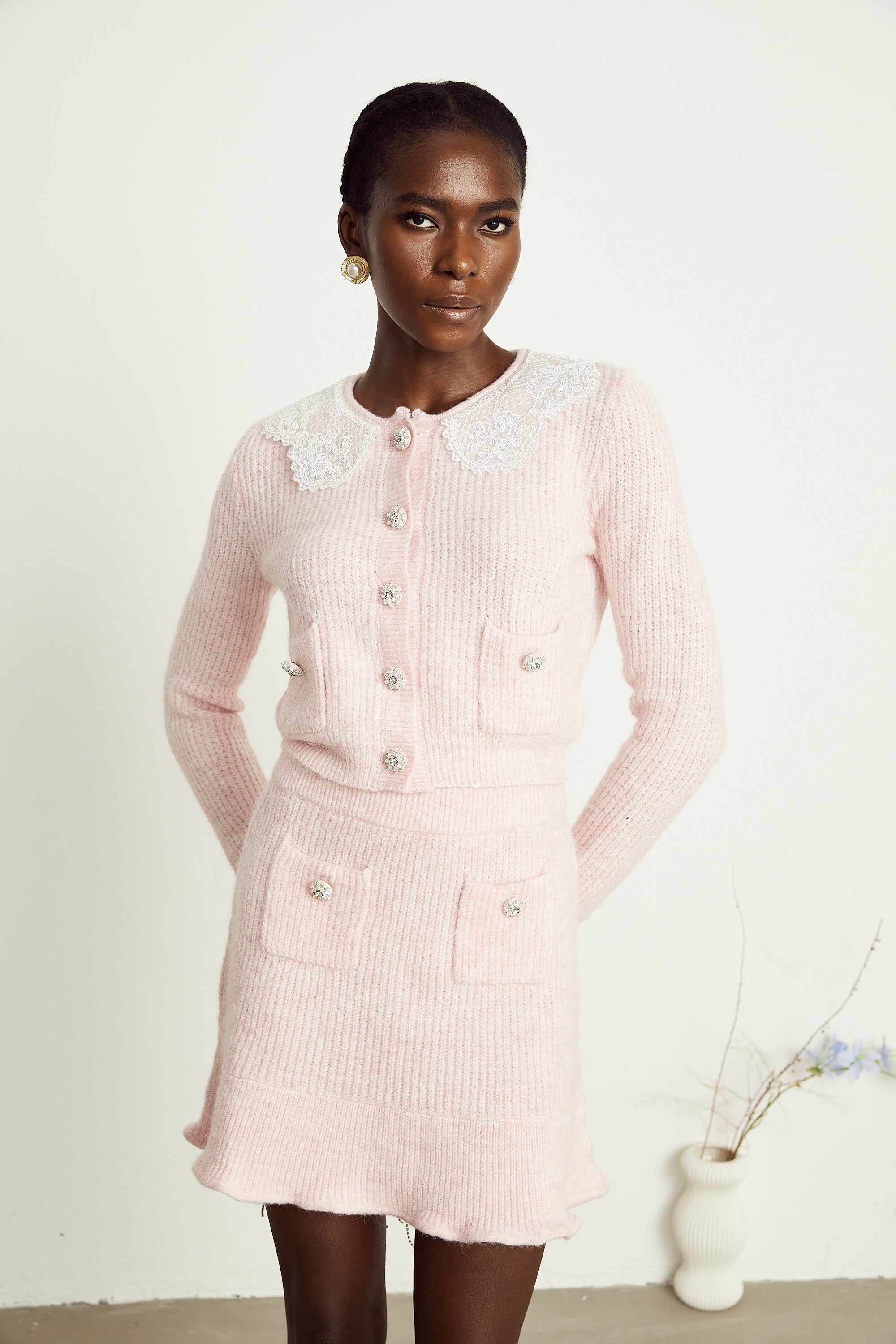 Anaïs pink ribbed-knit cardigan & skirt matching set