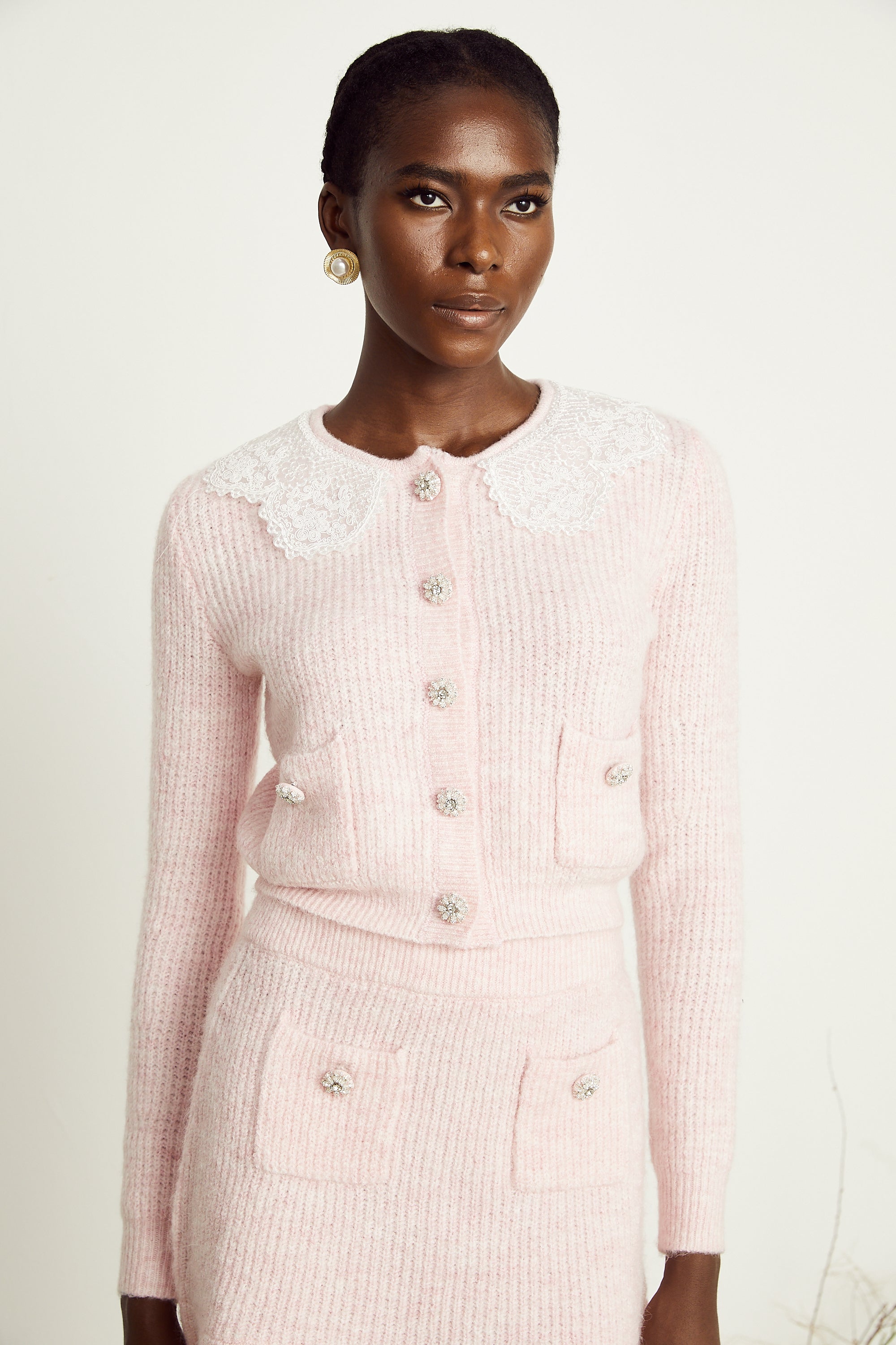 Anaïs pink ribbed-knit cardigan & skirt matching set