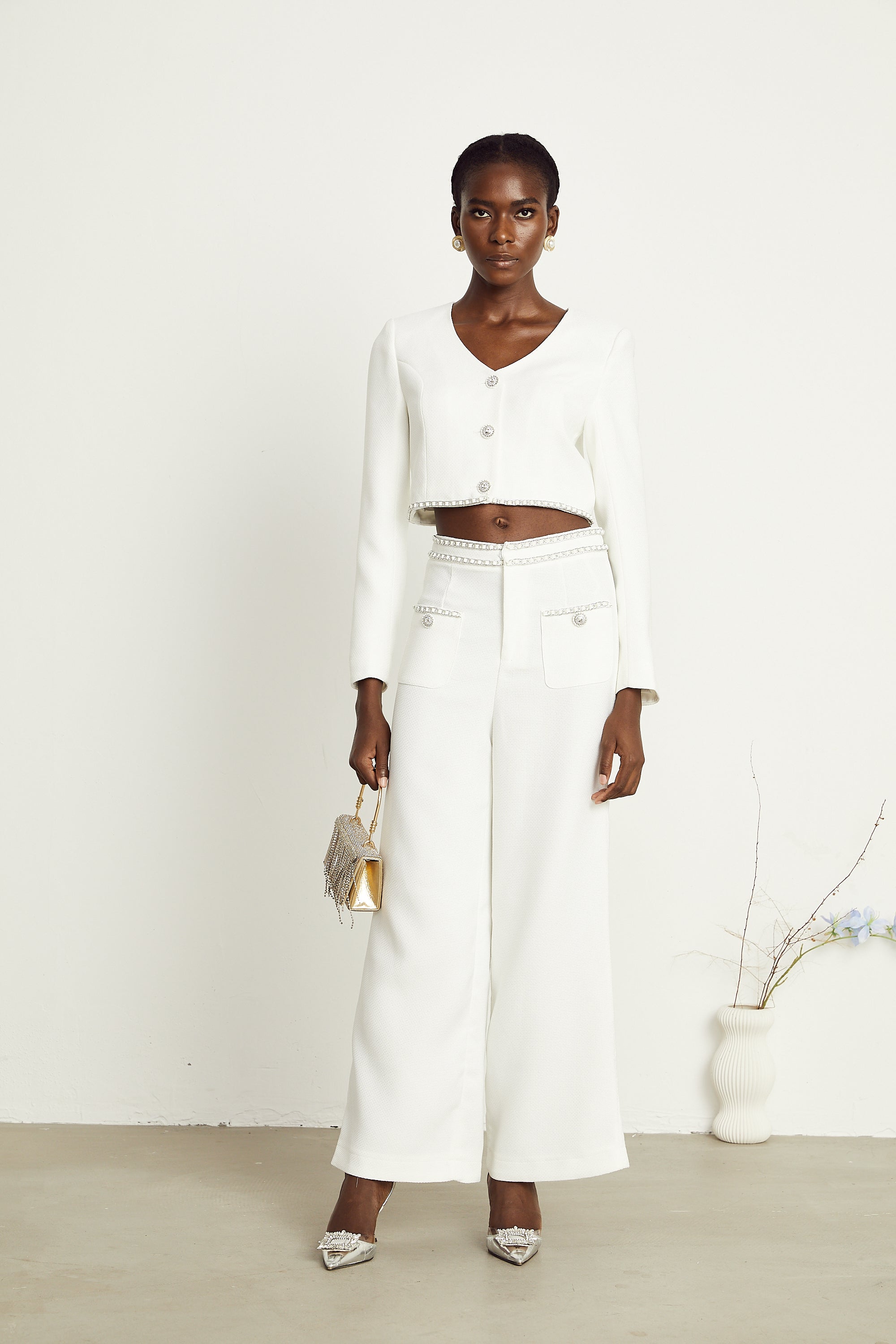 Hélène white chain-link jacket & trousers matching set