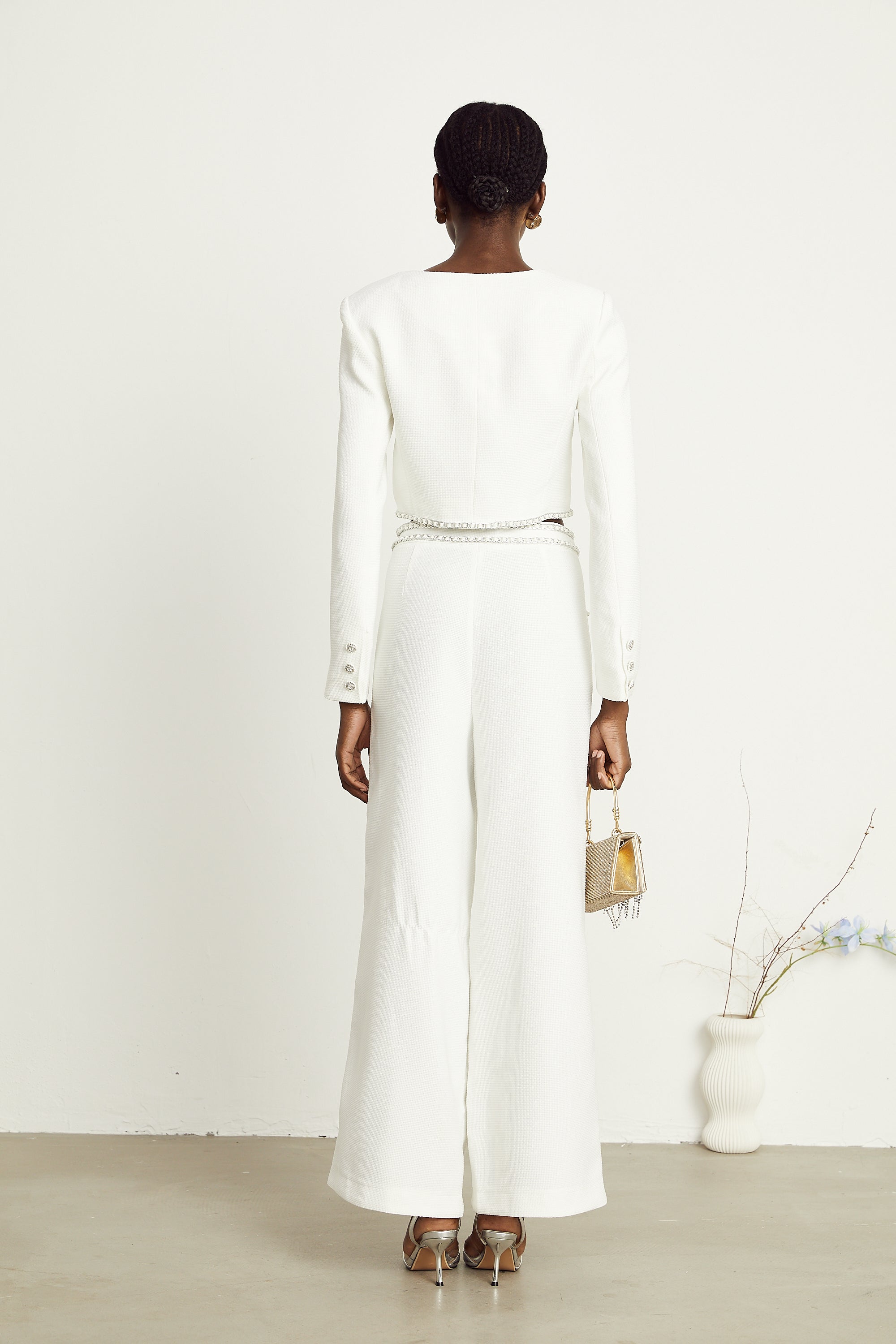 Hélène white chain-link jacket & trousers matching set