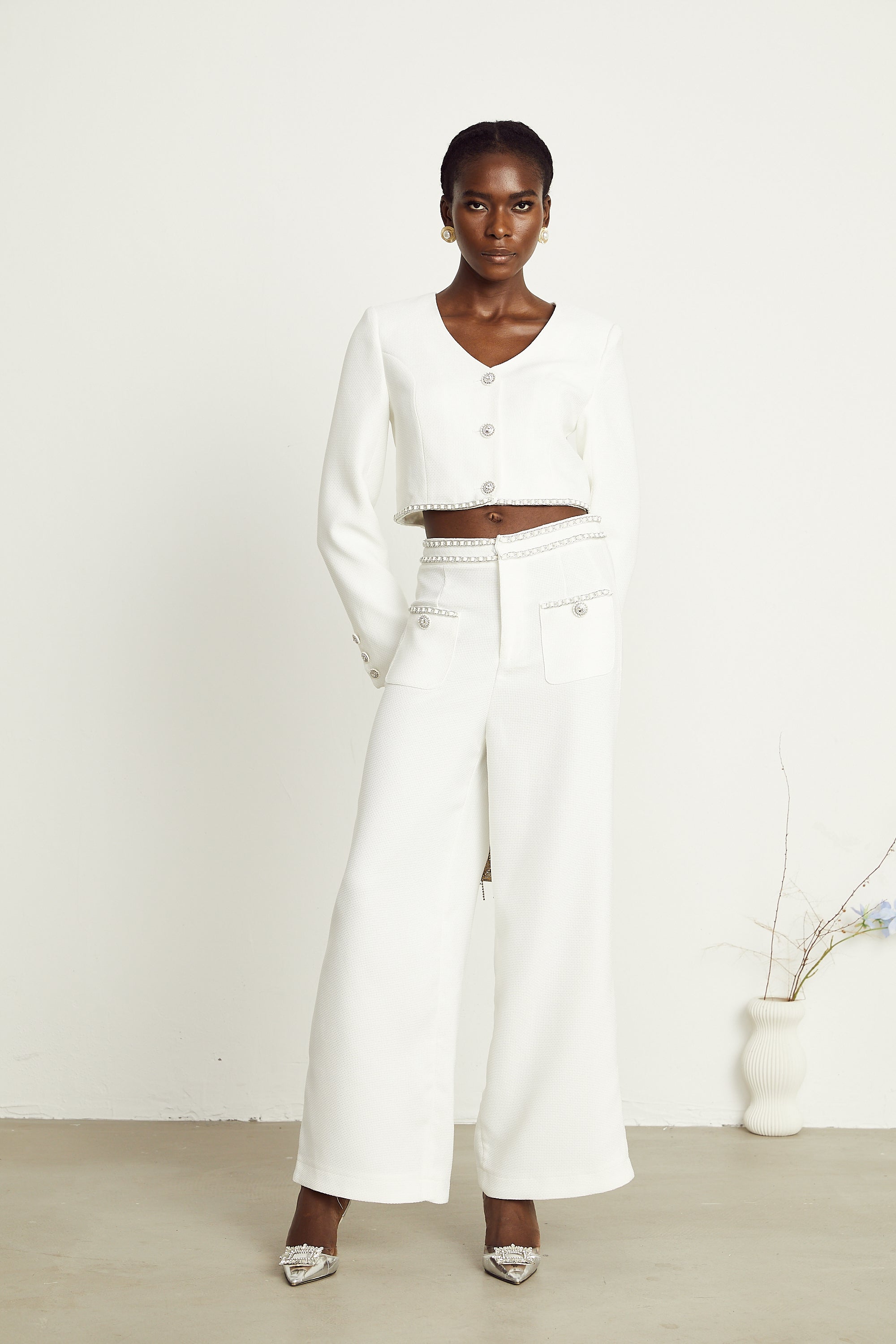 Hélène white chain-link jacket & trousers matching set