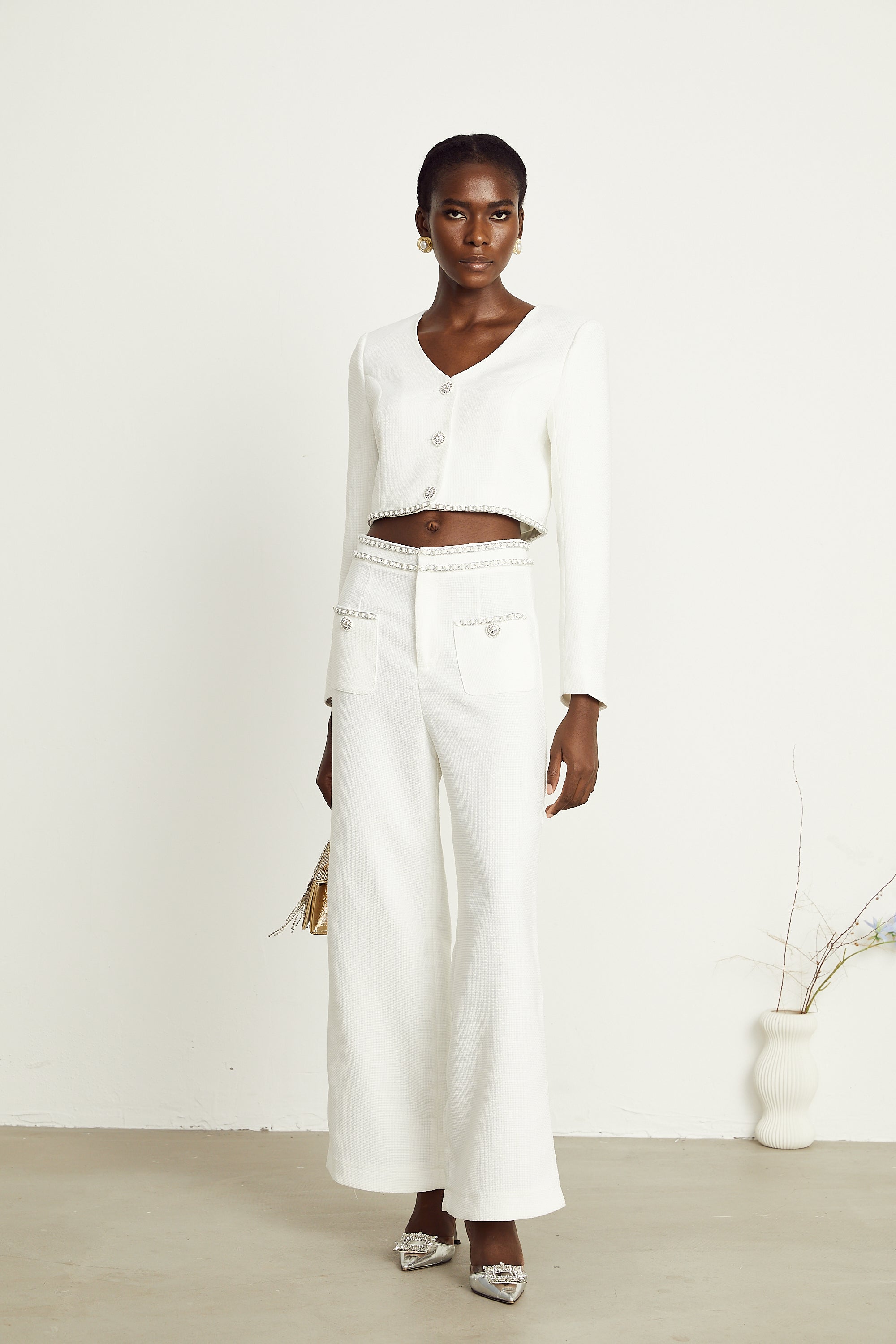 Hélène white chain-link jacket & trousers matching set