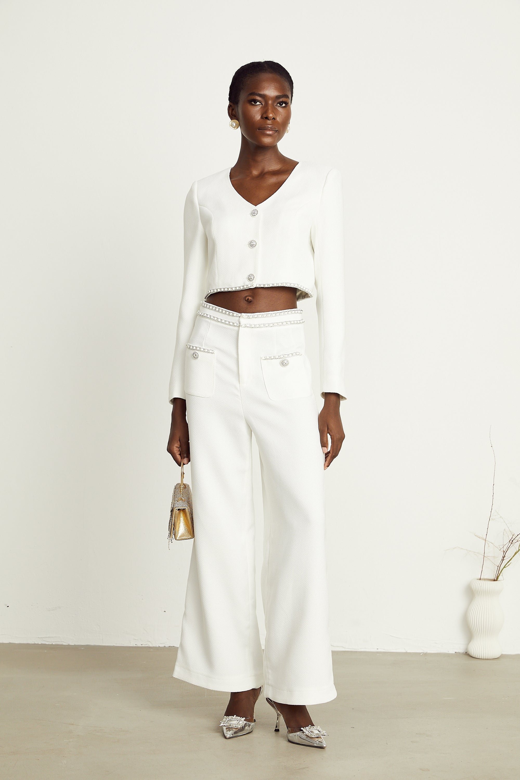 Hélène white chain-link jacket & trousers matching set