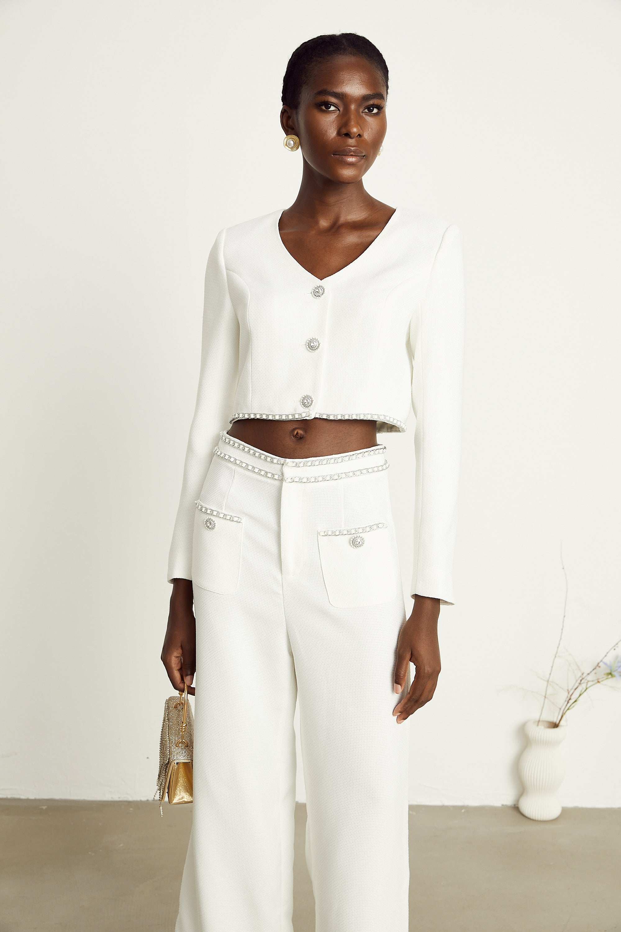 Hélène white chain-link jacket & trousers matching set