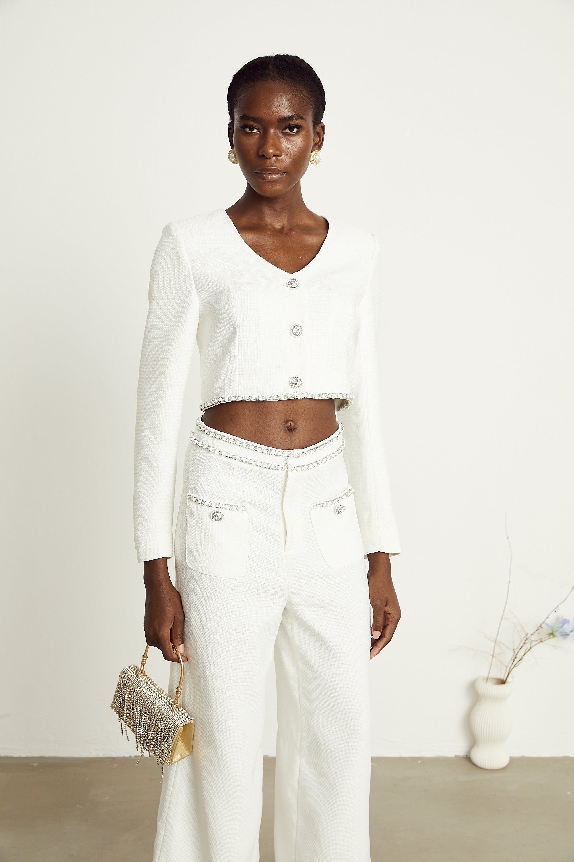 Hélène white chain-link jacket & trousers matching set