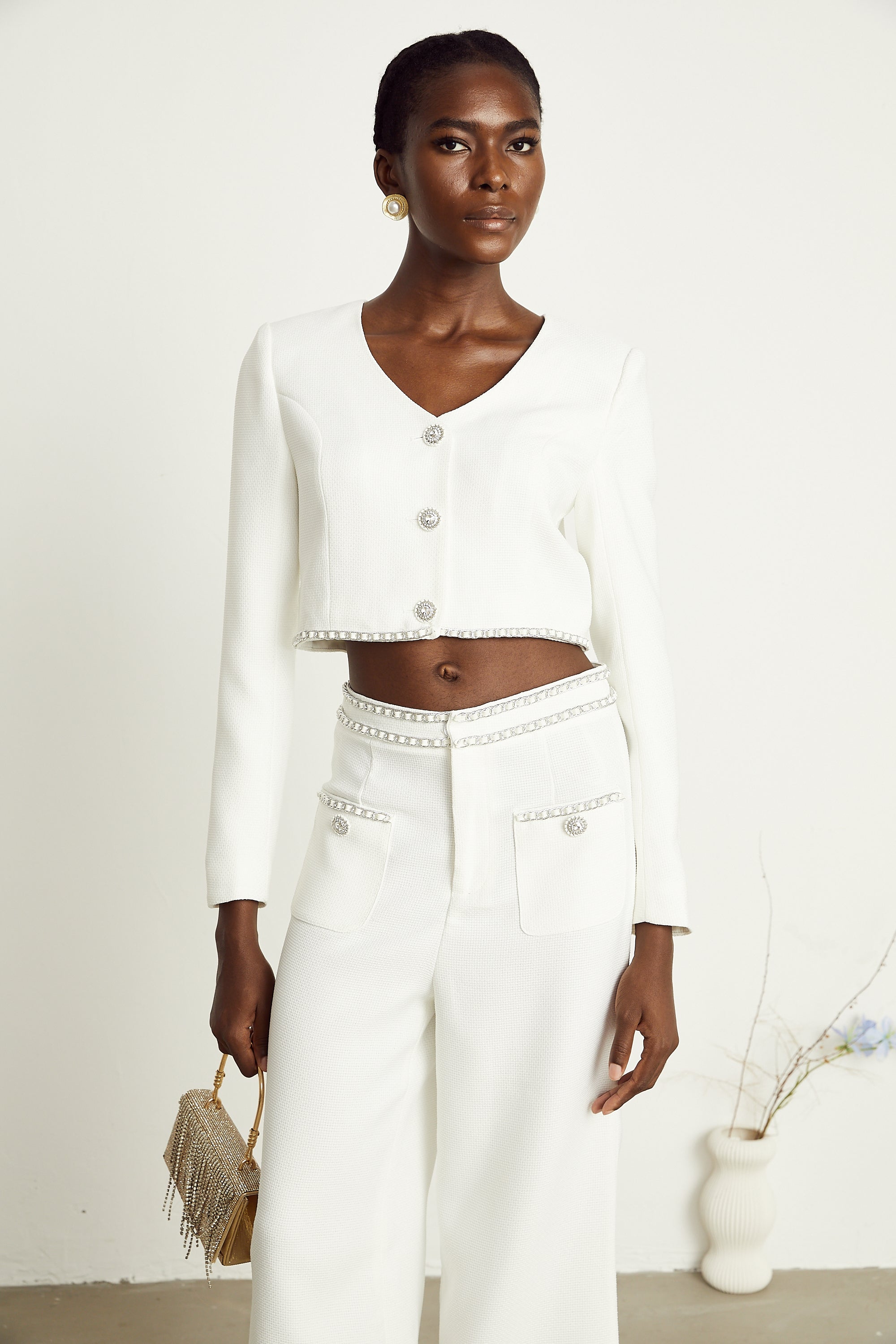 Hélène white chain-link jacket & trousers matching set