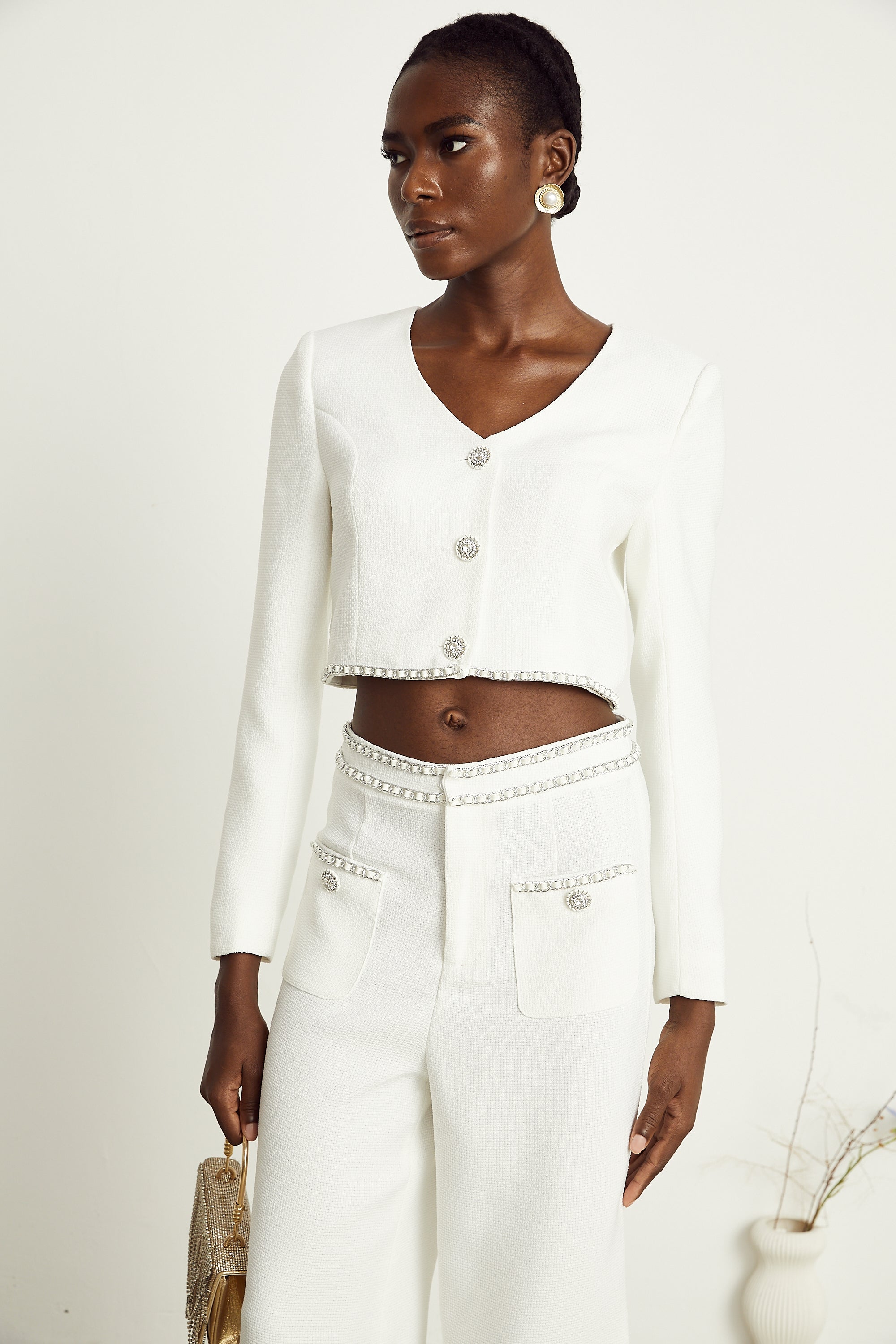 Hélène white chain-link jacket & trousers matching set