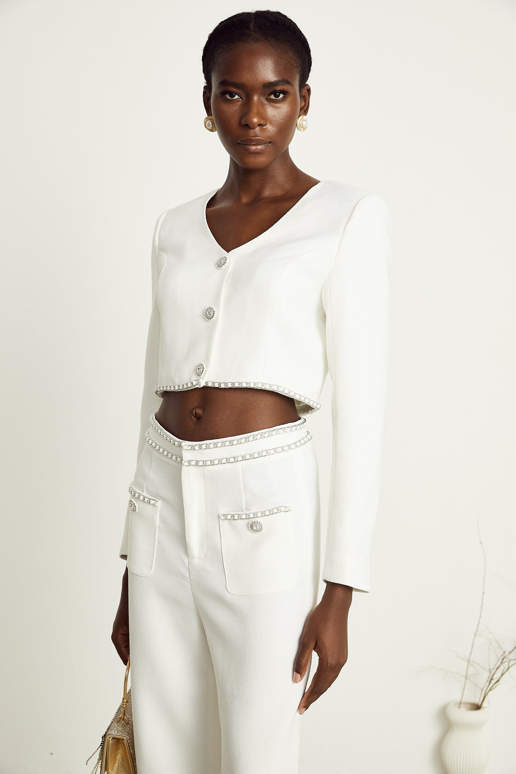 Hélène white chain-link jacket & trousers matching set