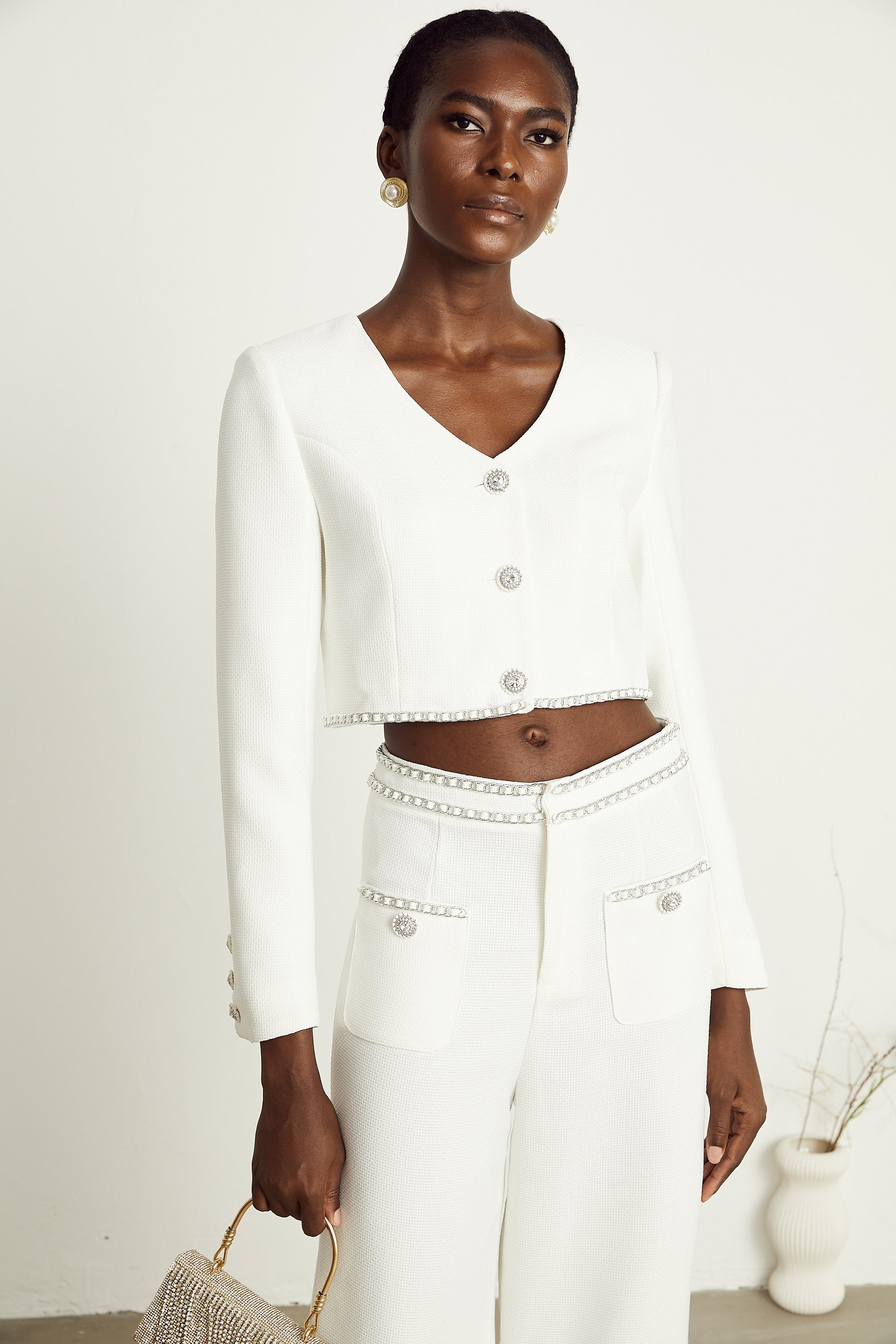 Hélène white chain-link jacket & trousers matching set