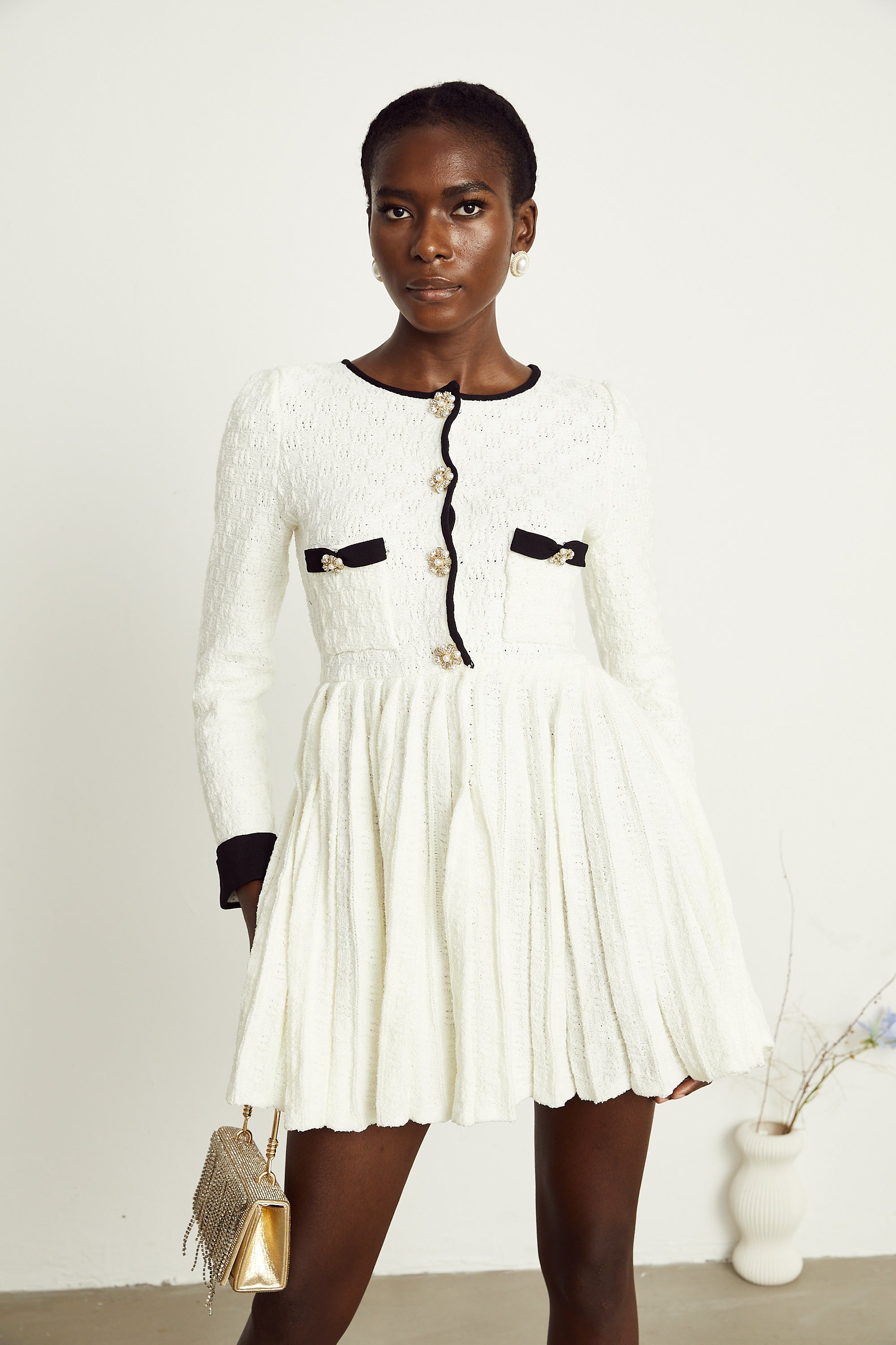 Solange white knitted pleated mini dress