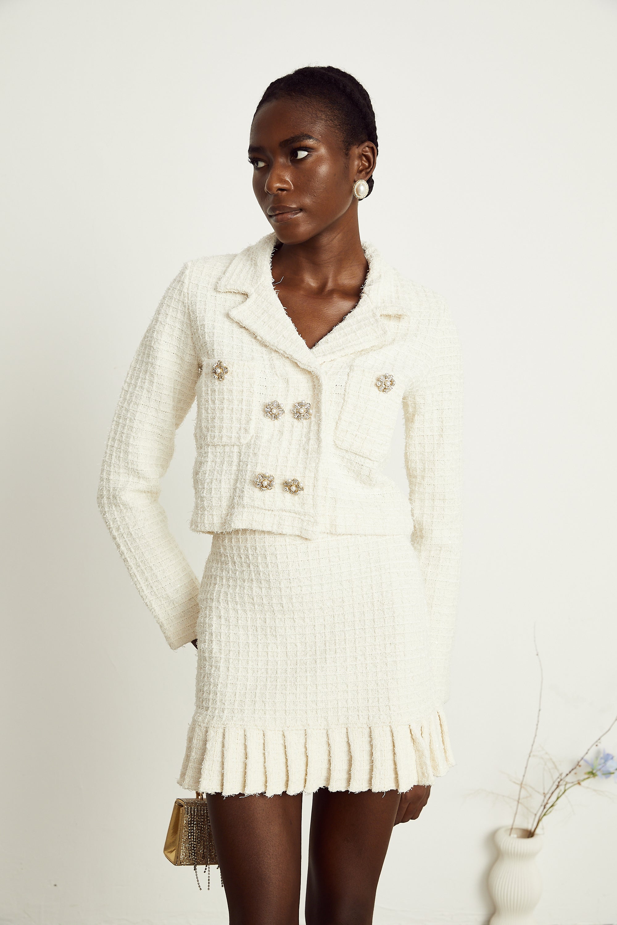 Esmée white waffle-knit beaded jacket & skirt matching set