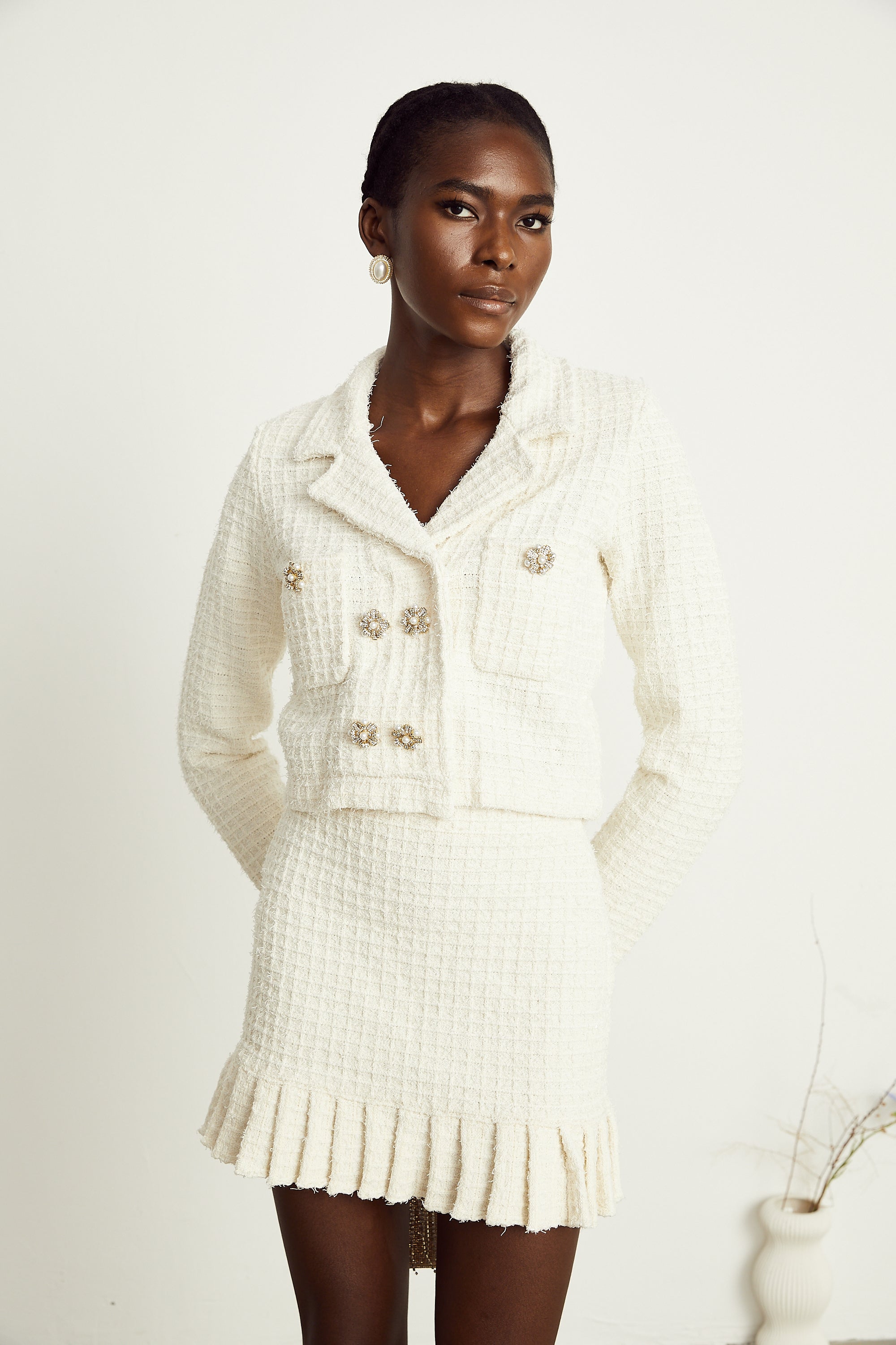 Esmée white waffle-knit beaded jacket & skirt matching set