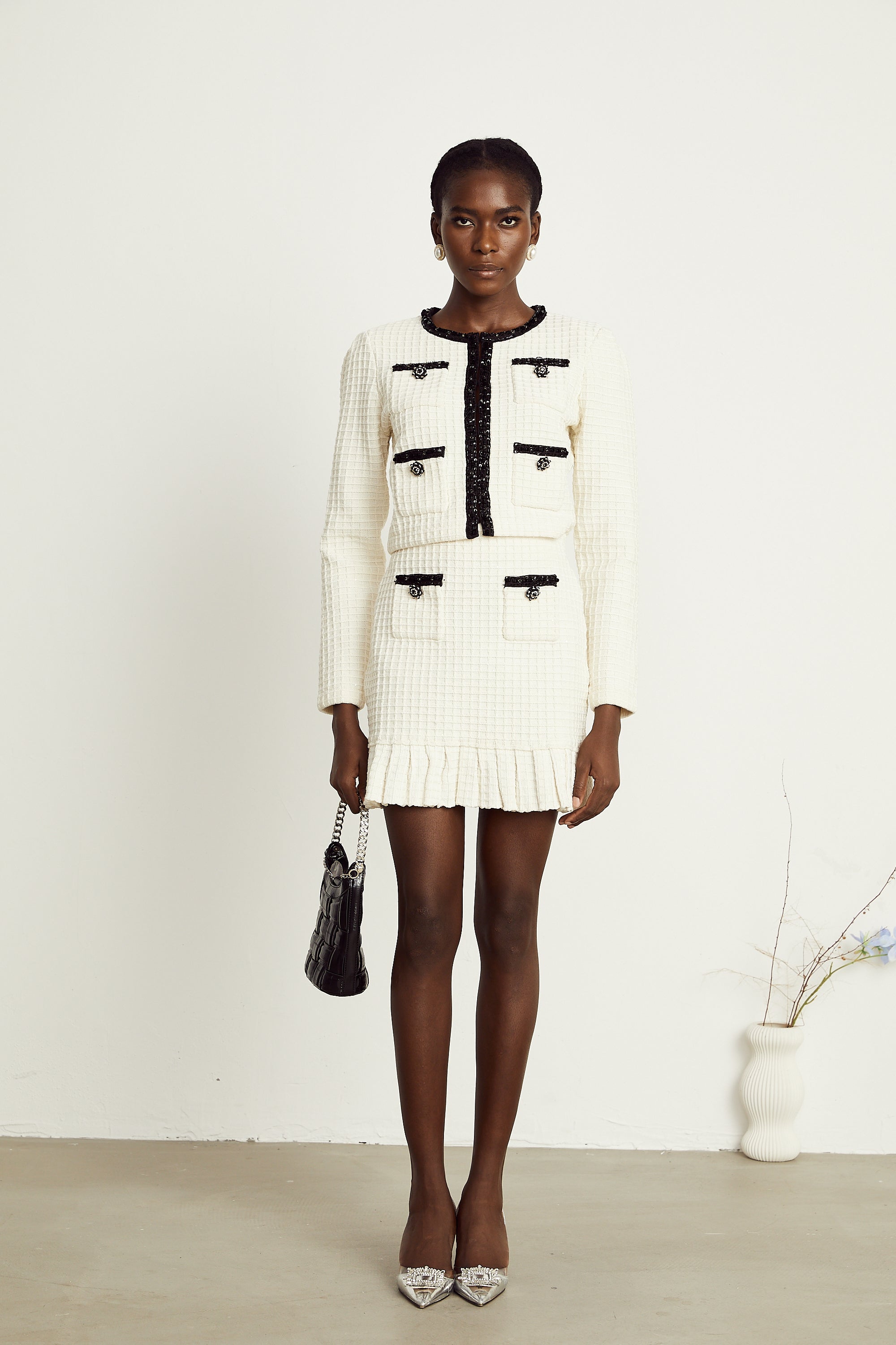 Audrey white waffle-knit jacket & skirt matching set