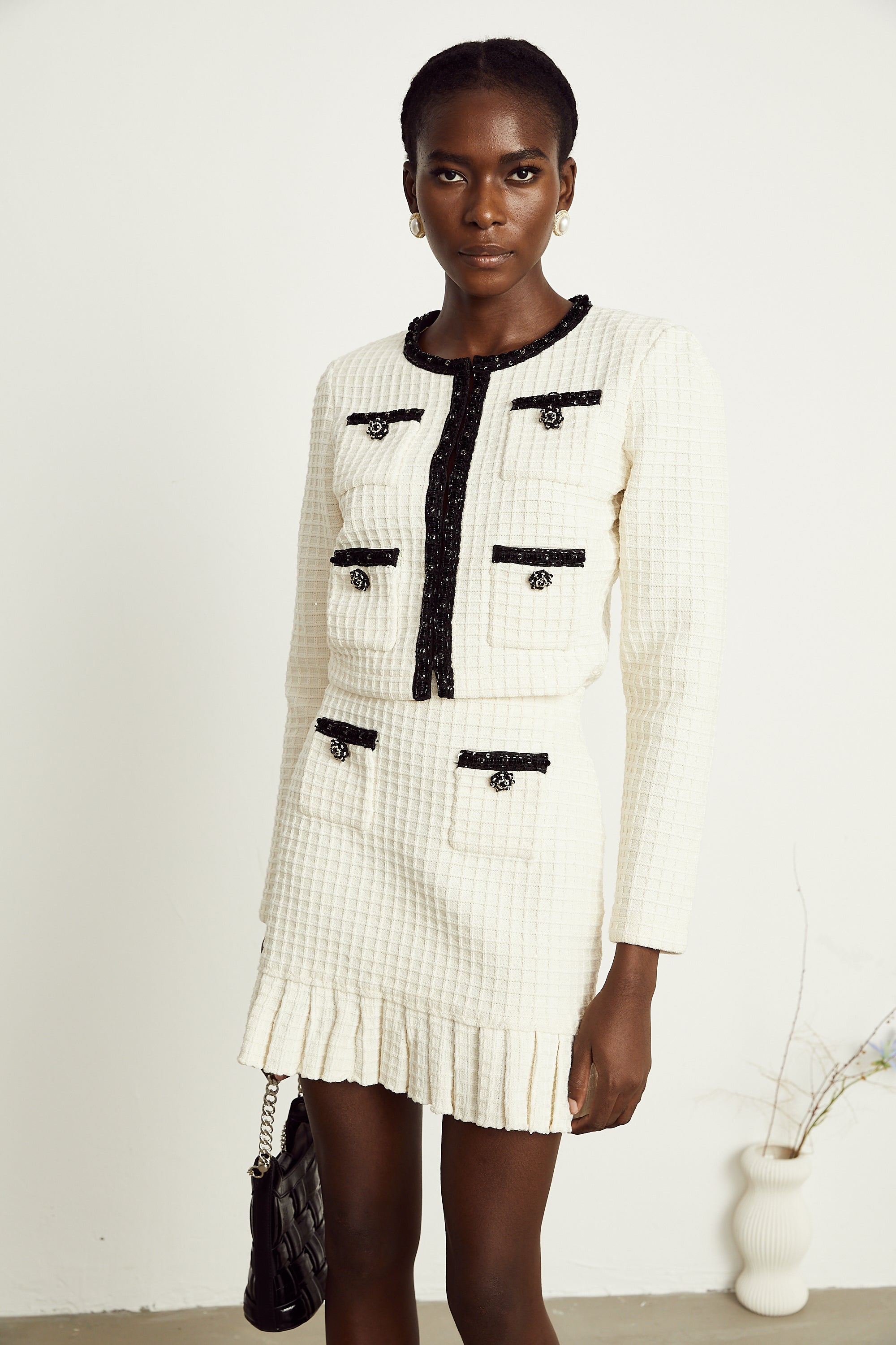 Audrey white waffle-knit jacket & skirt matching set