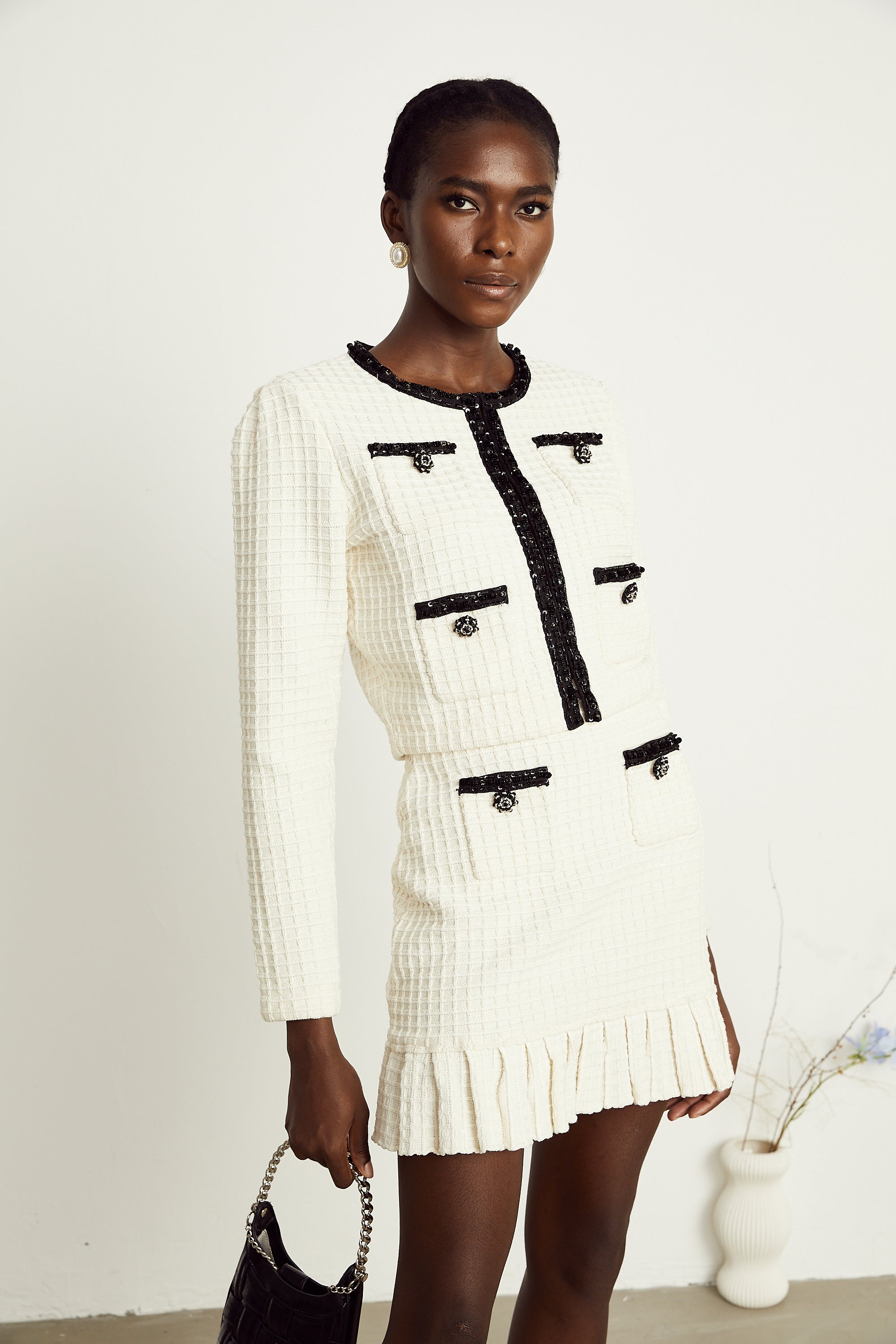 Audrey white waffle-knit jacket & skirt matching set