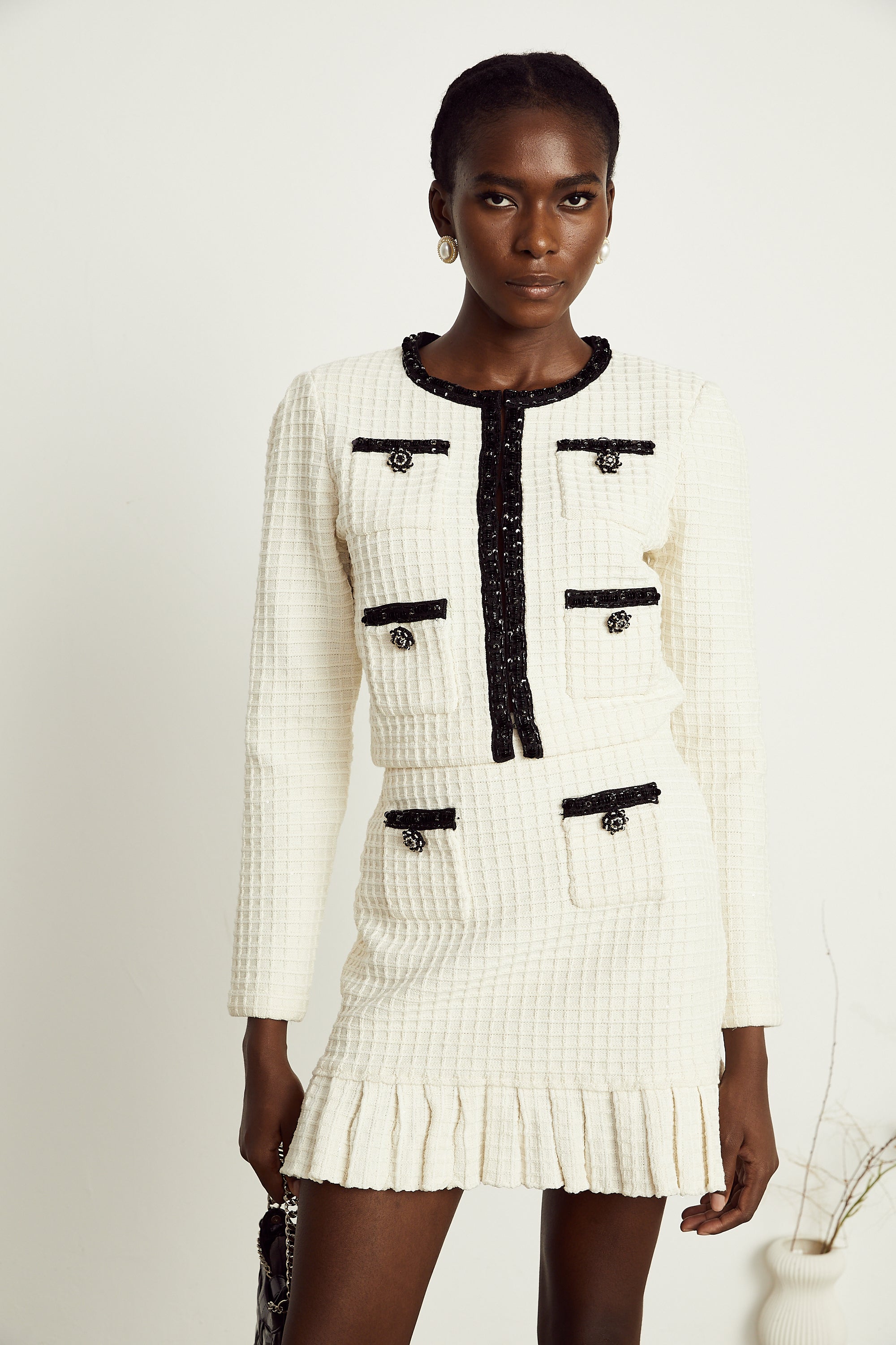 Audrey white waffle-knit jacket & skirt matching set