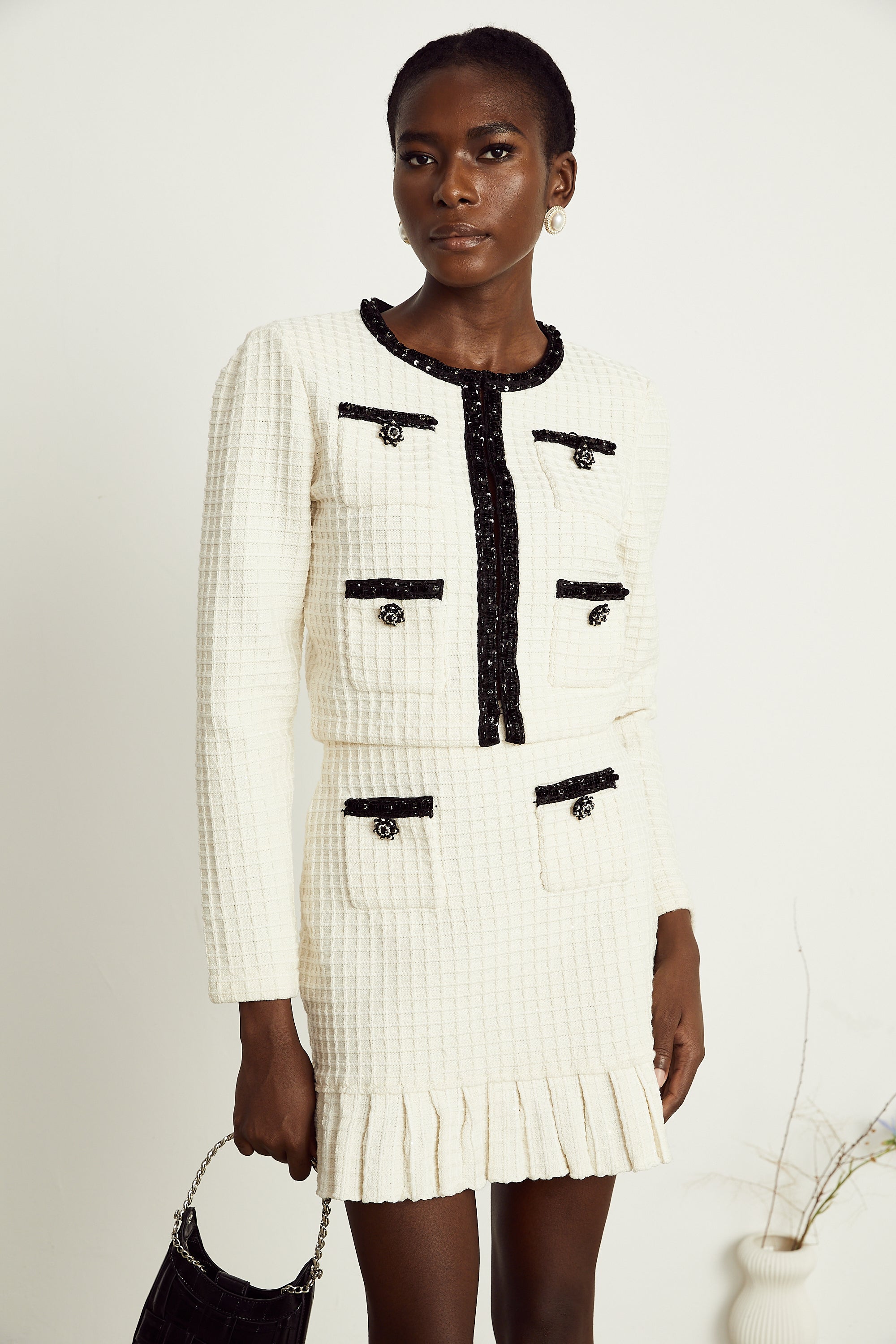 Audrey white waffle-knit jacket & skirt matching set