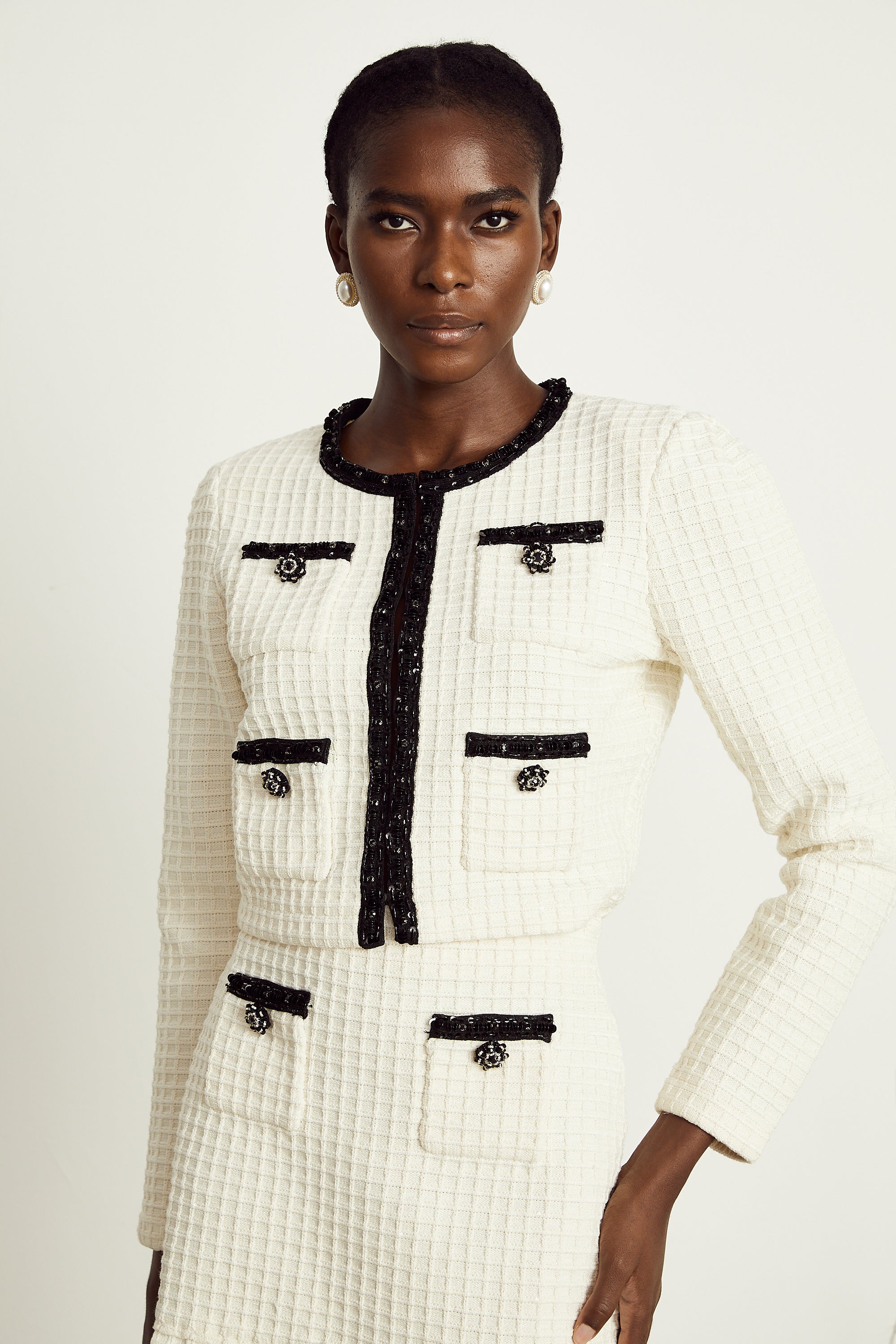 Audrey white waffle-knit jacket & skirt matching set