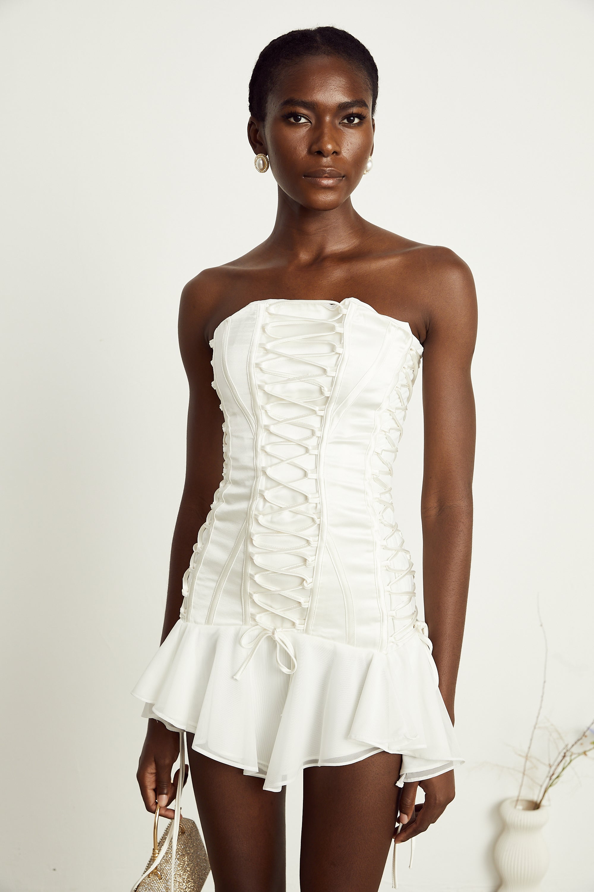 Clémence white tulle-panel lace-up mini dress