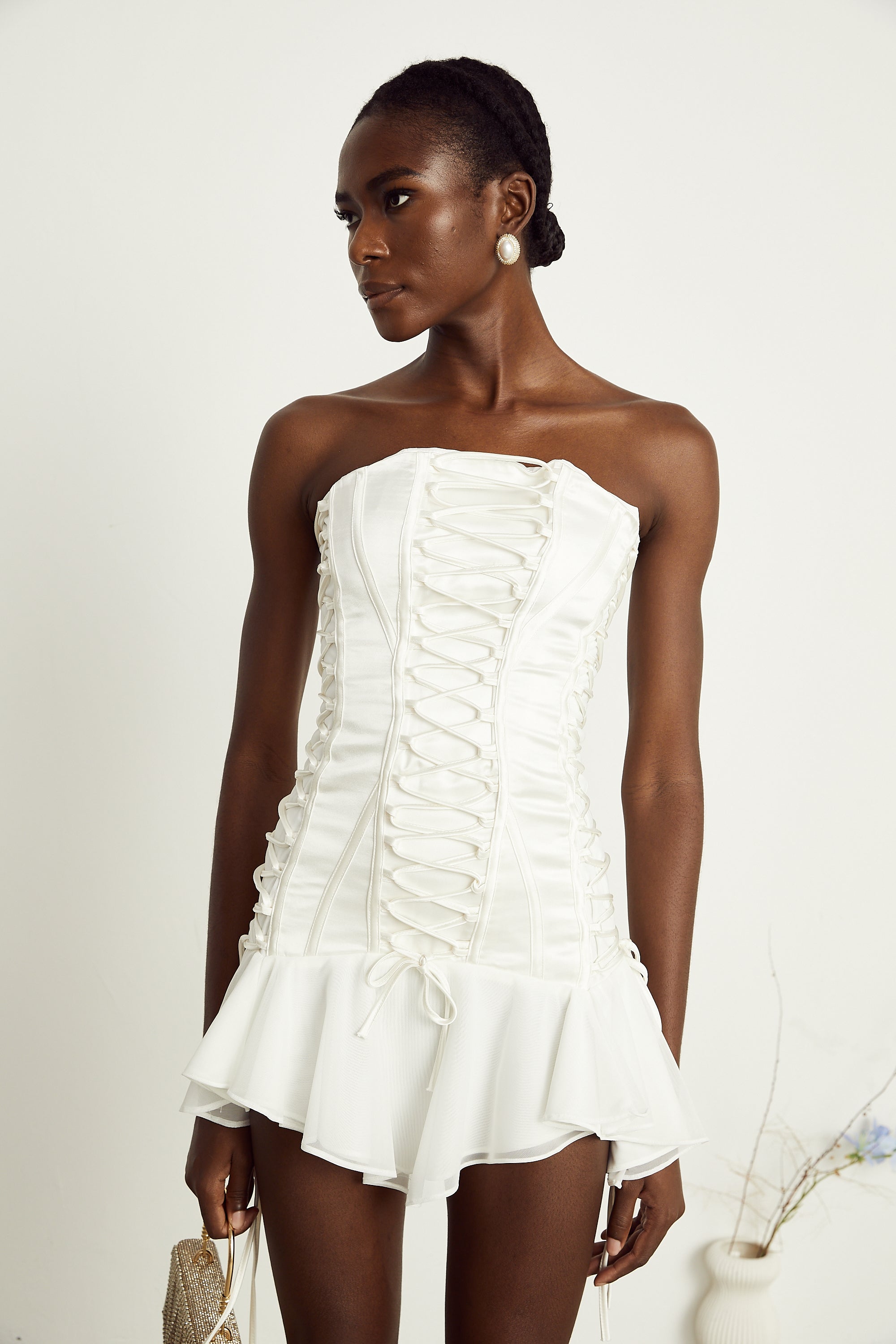 Clémence white tulle-panel lace-up mini dress