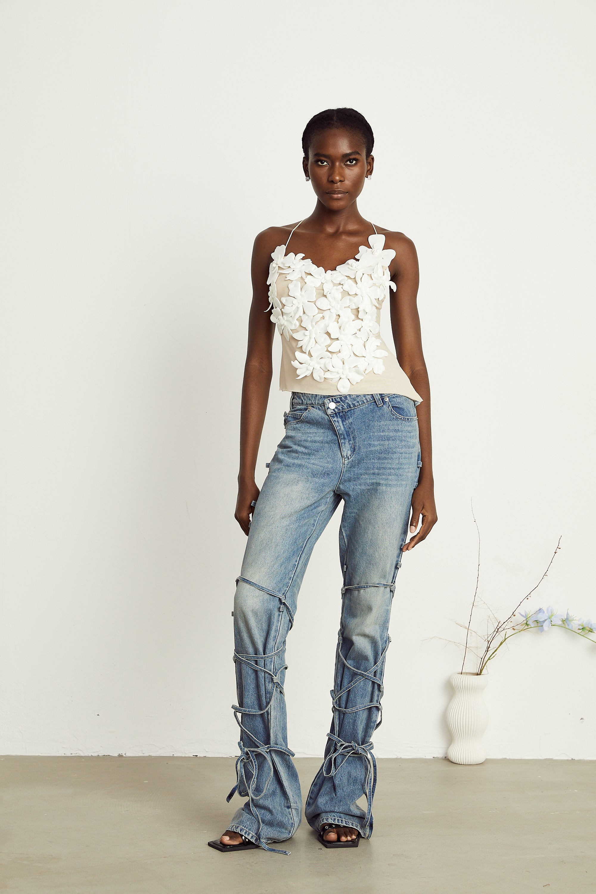 Briac white floral-appliqué open-back top