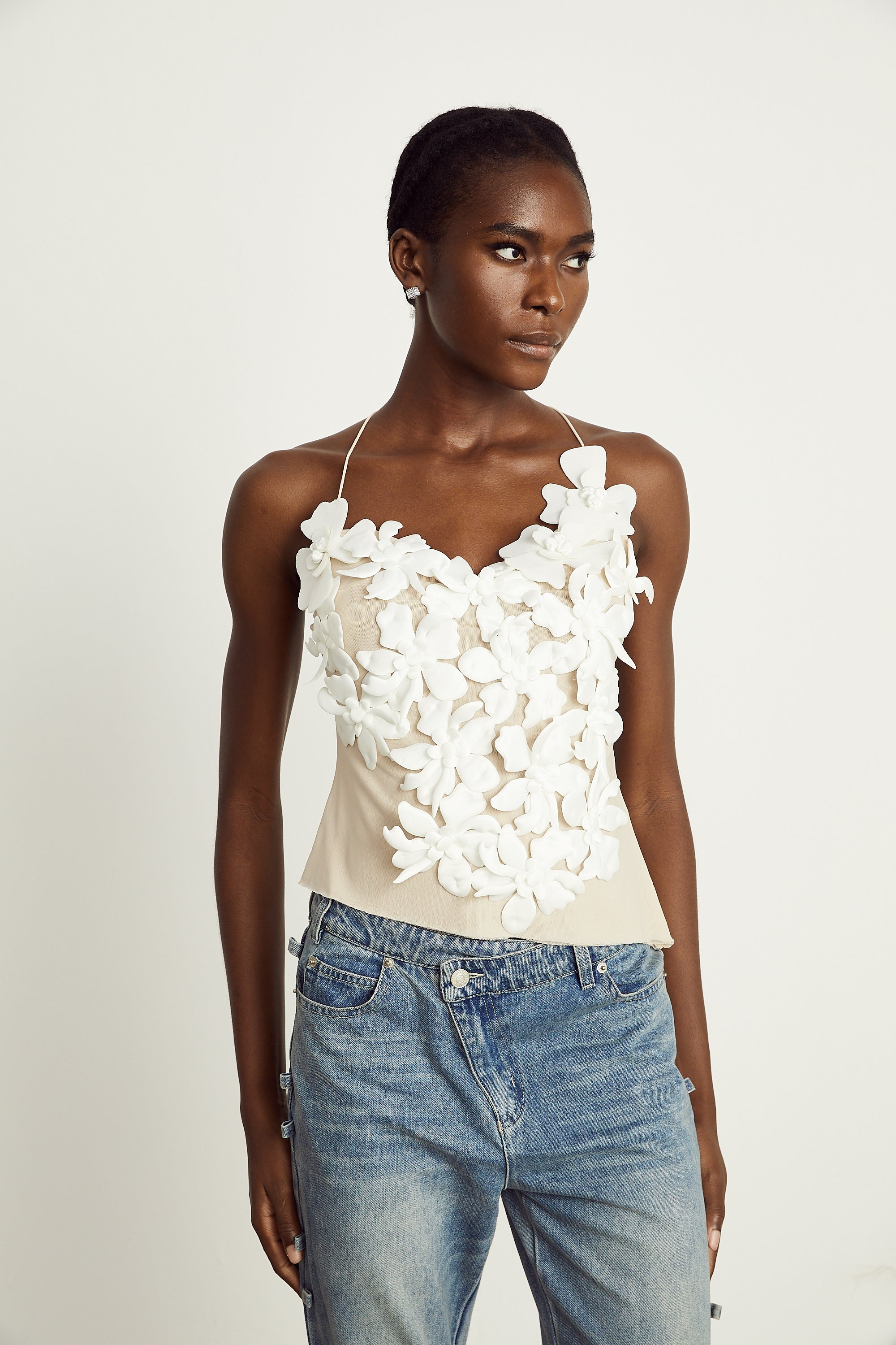 Briac white floral-appliqué open-back top