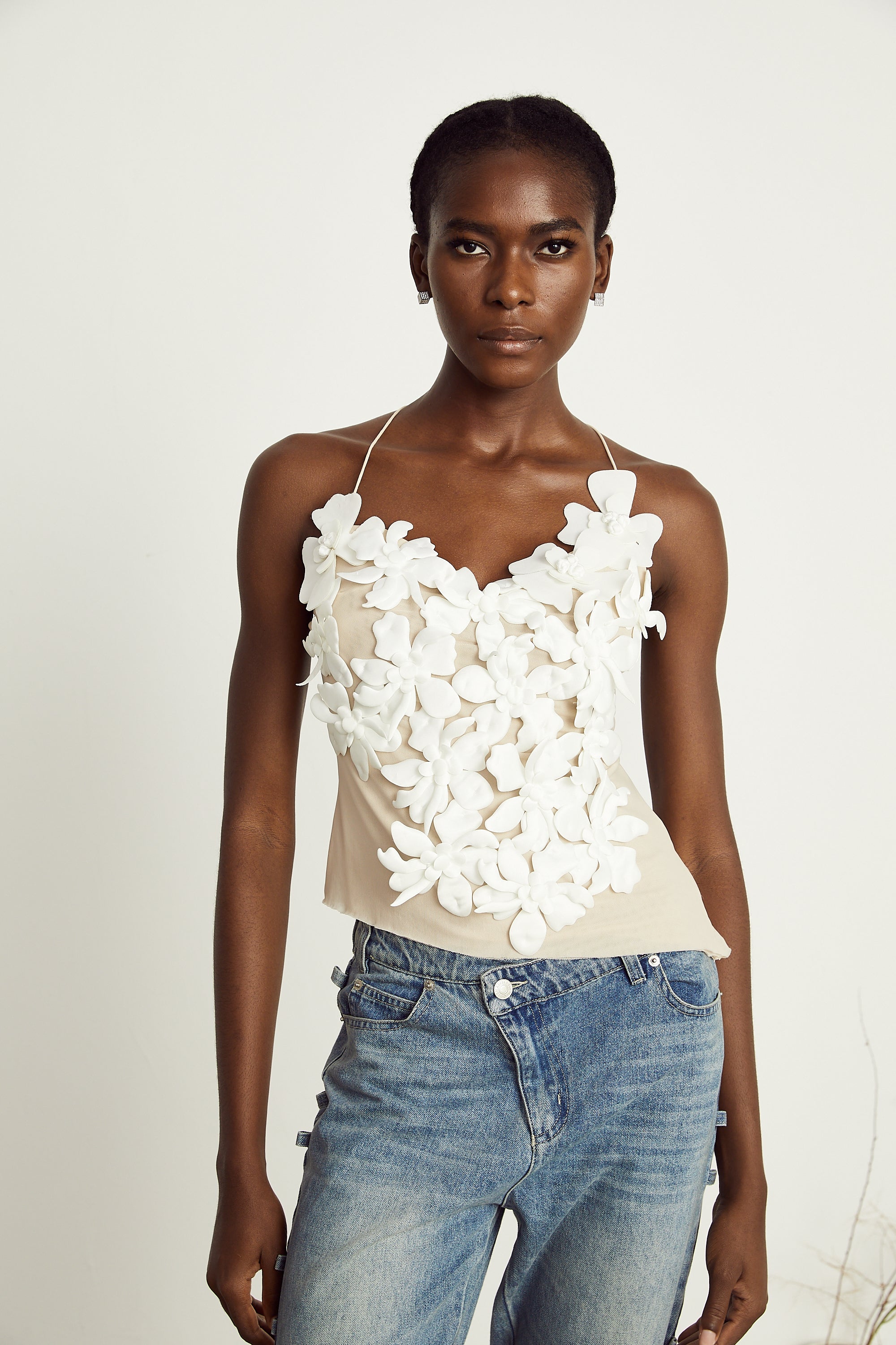 Briac white floral-appliqué open-back top