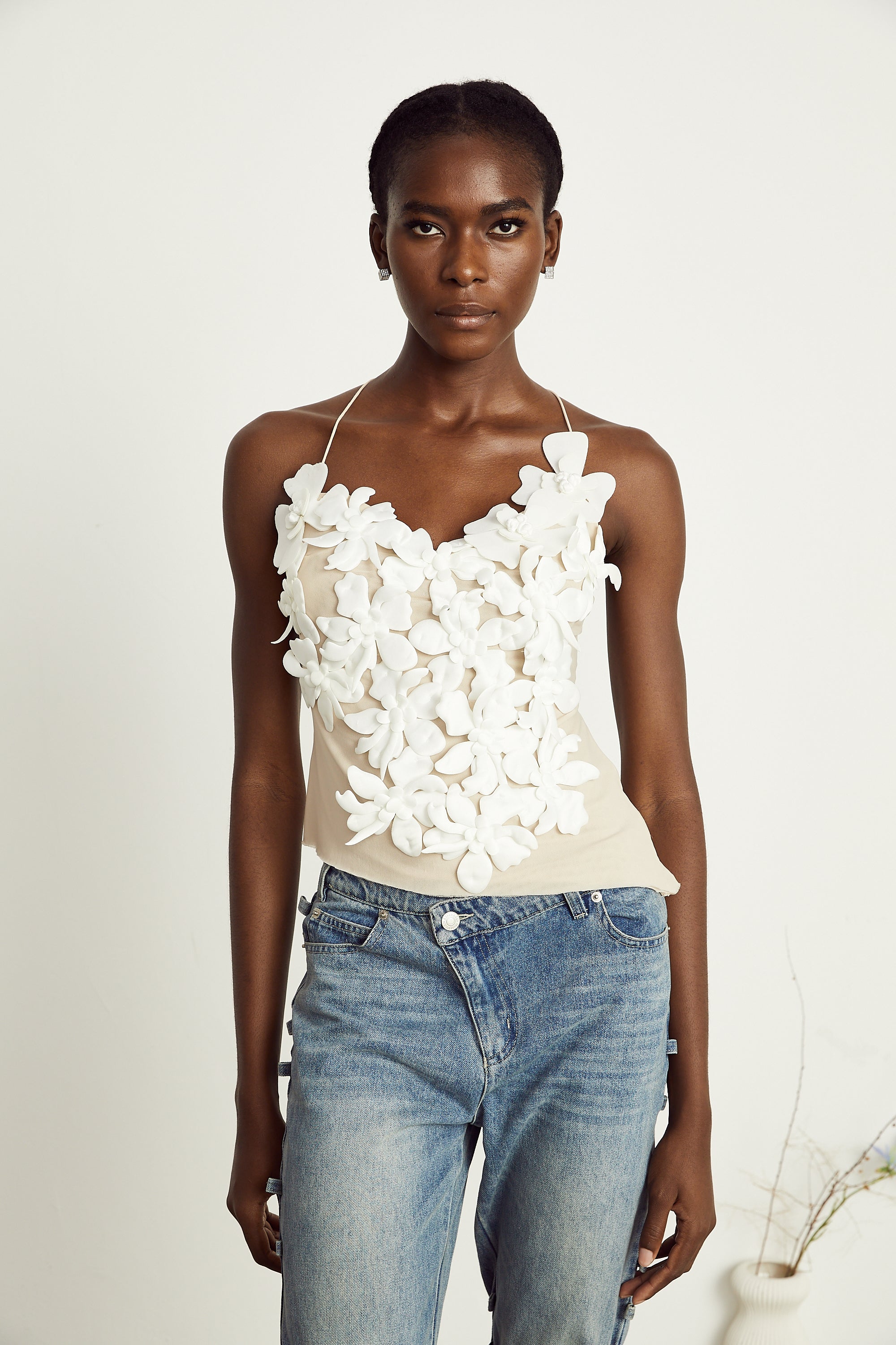 Briac white floral-appliqué open-back top