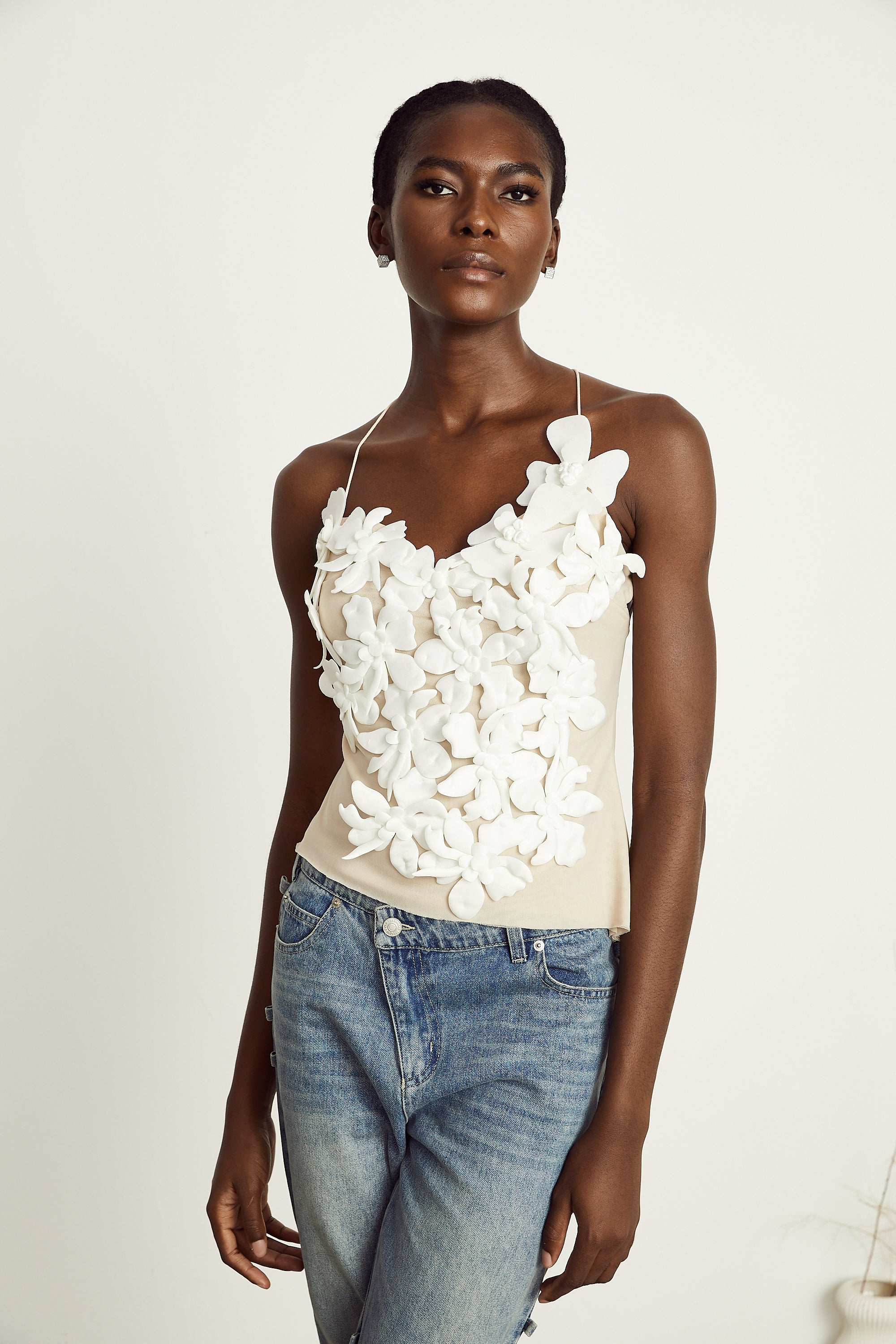 Briac white floral-appliqué open-back top