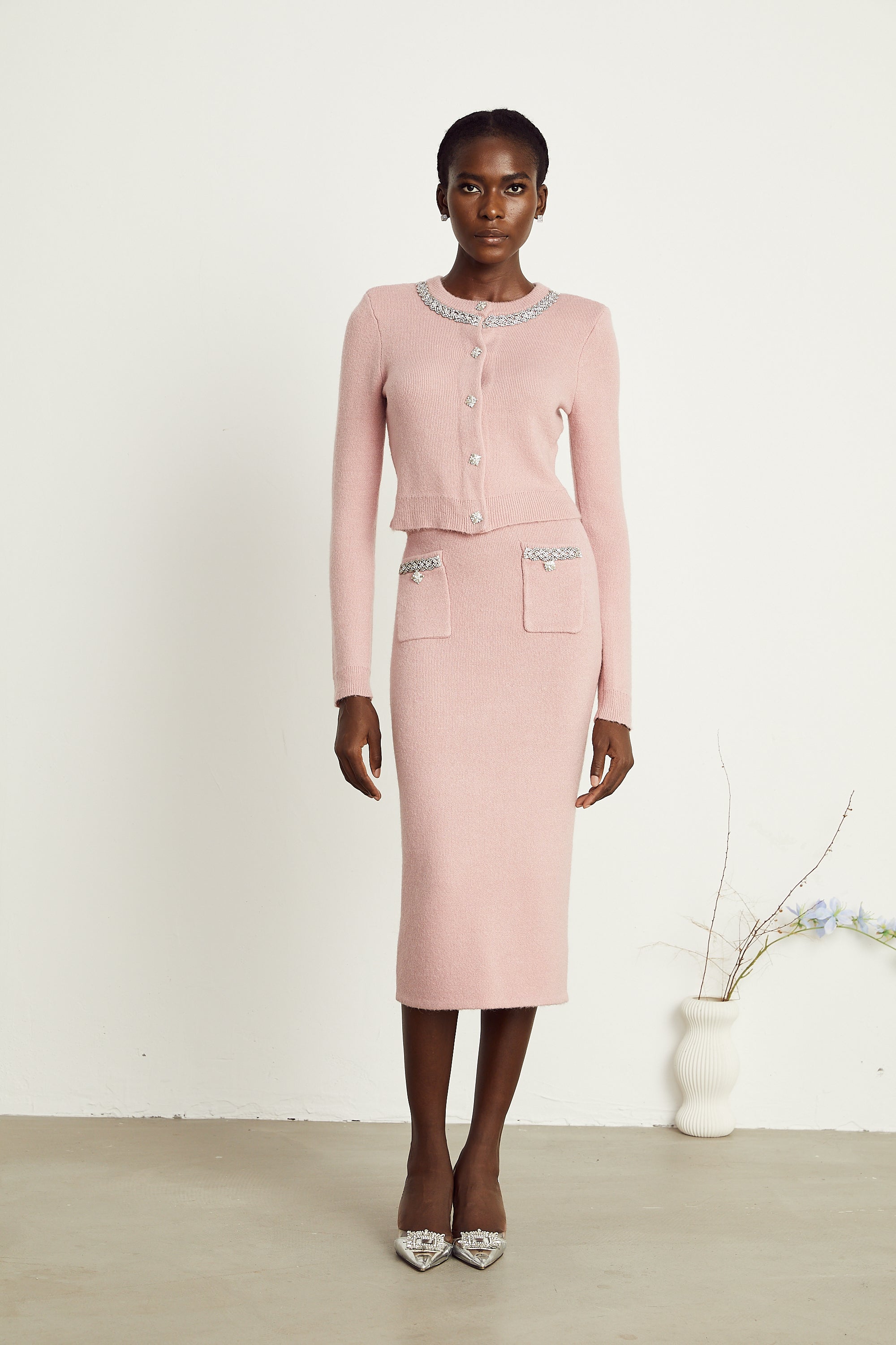 Renée pink embellished jacket & skirt matching set