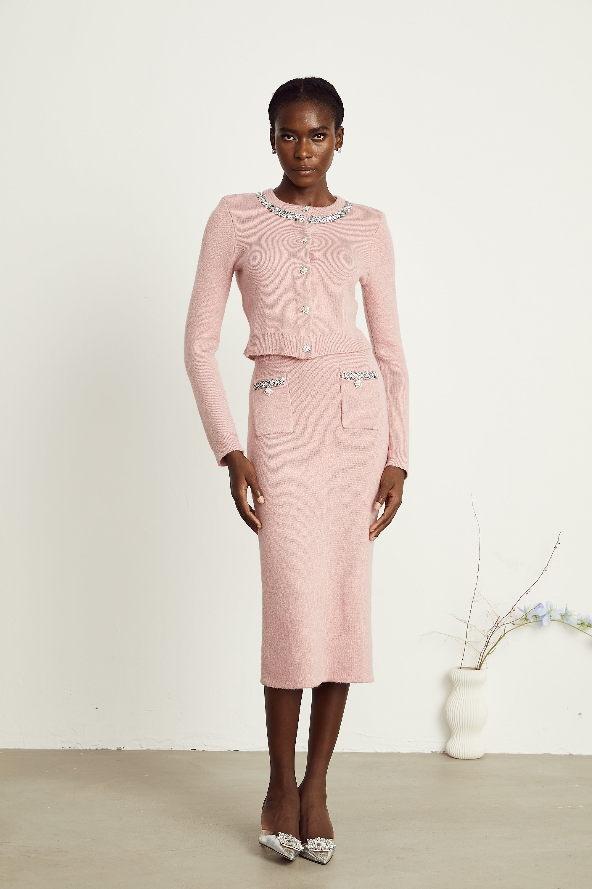 Renée pink embellished jacket & skirt matching set