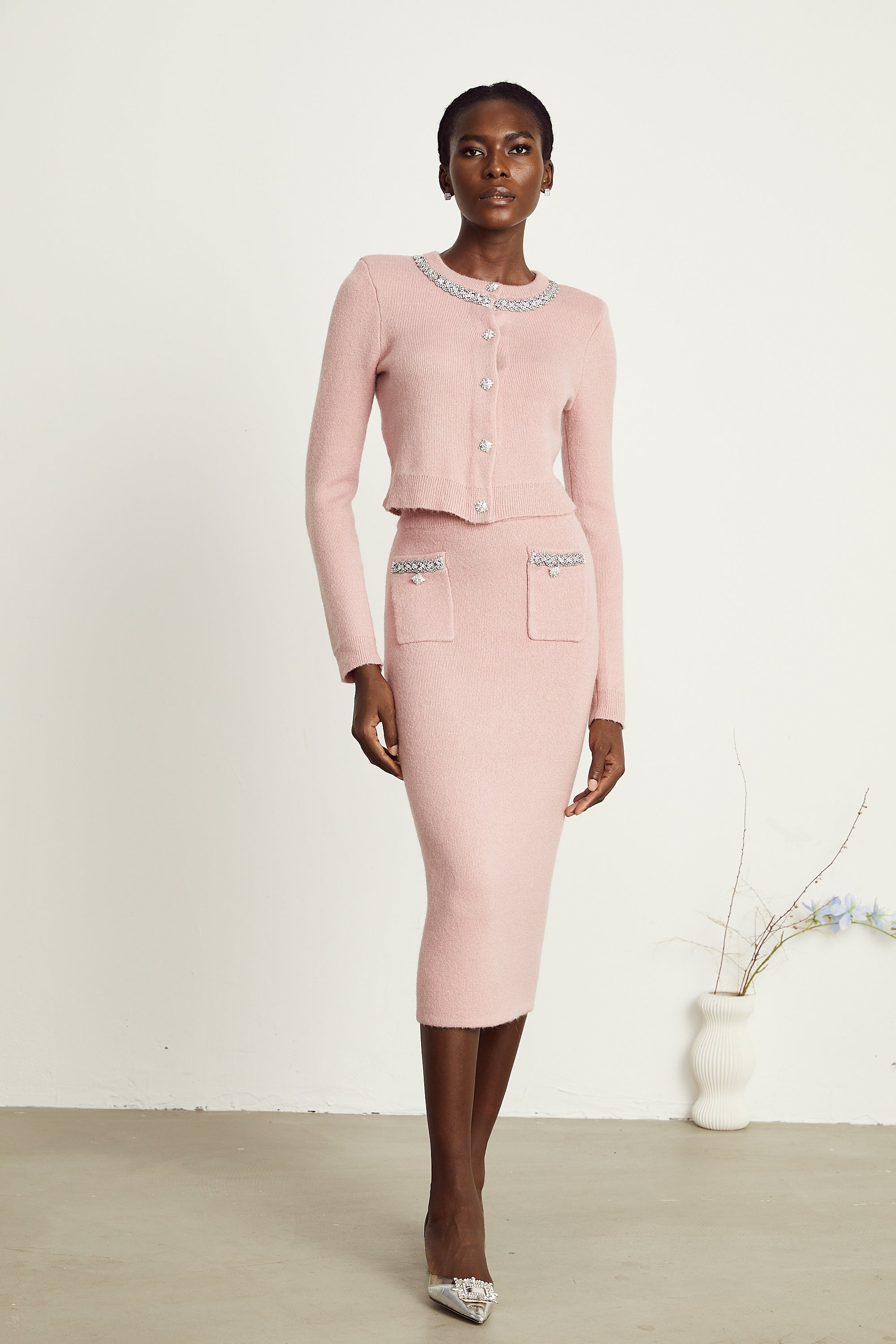 Renée pink embellished jacket & skirt matching set