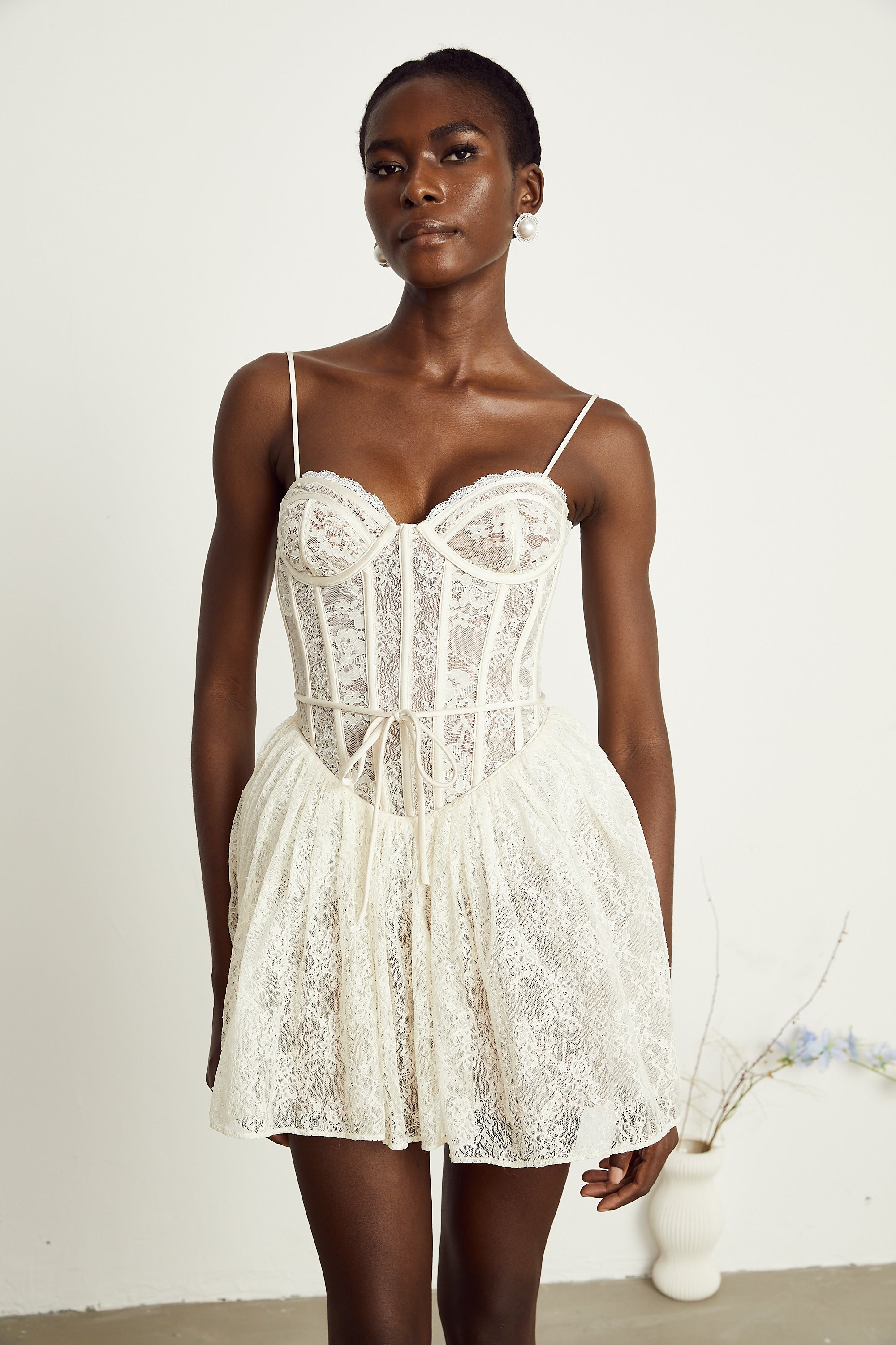 Armelle white floral-lace corset mini dress