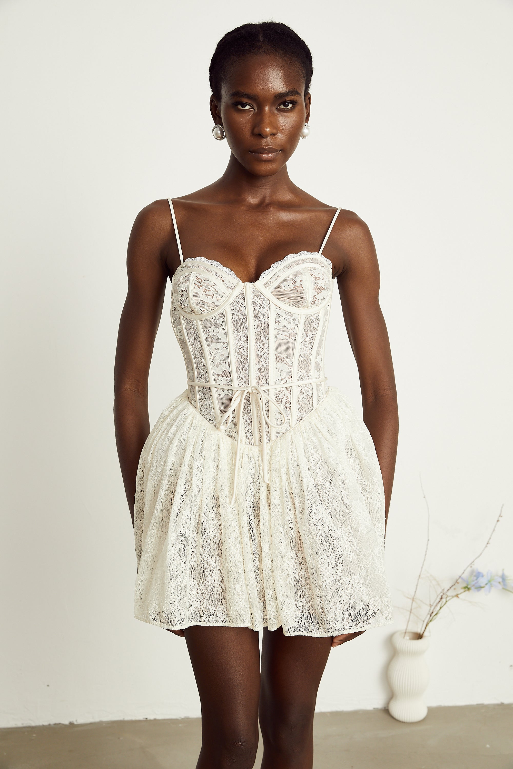 Armelle white floral-lace corset mini dress