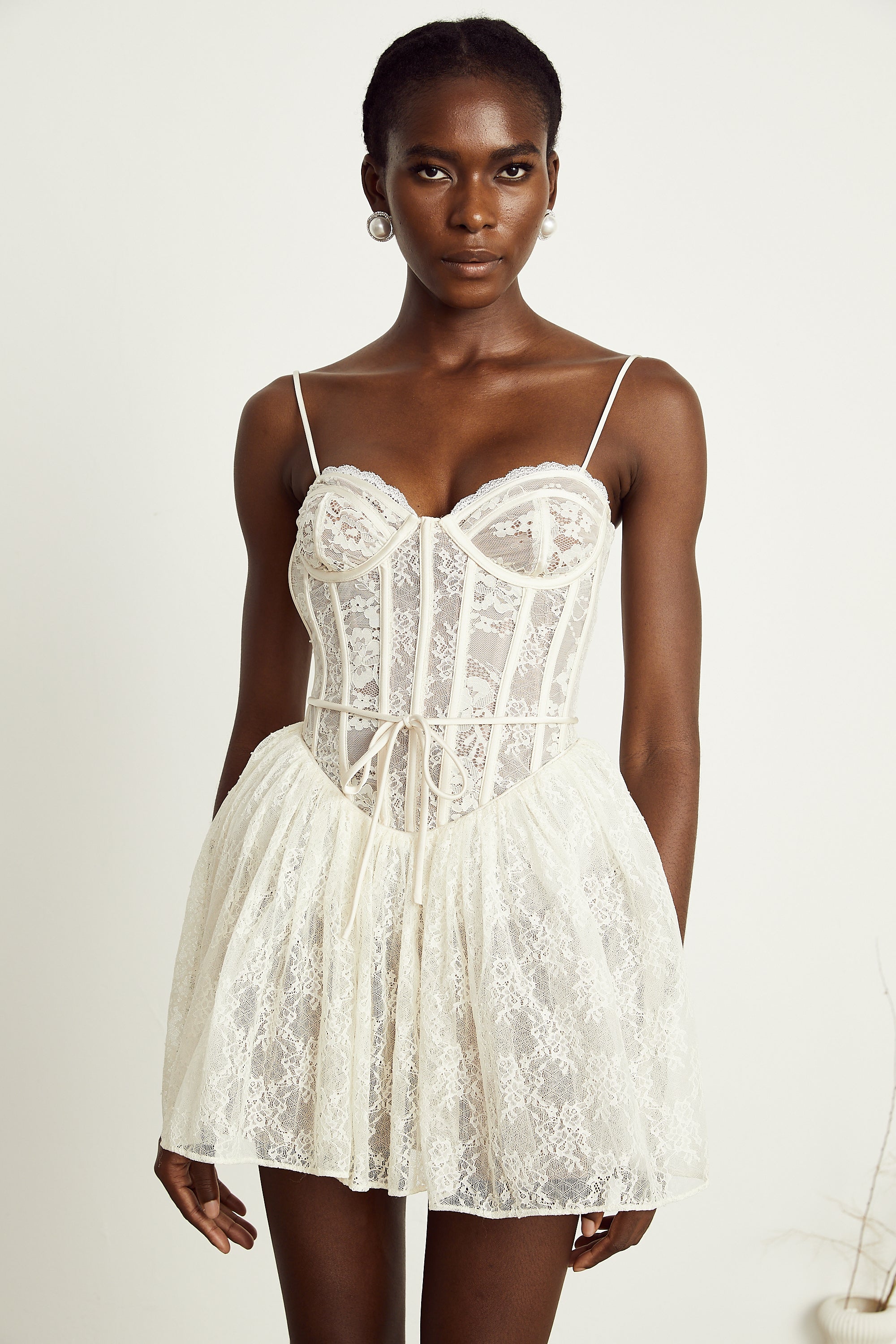 Armelle white floral-lace corset mini dress