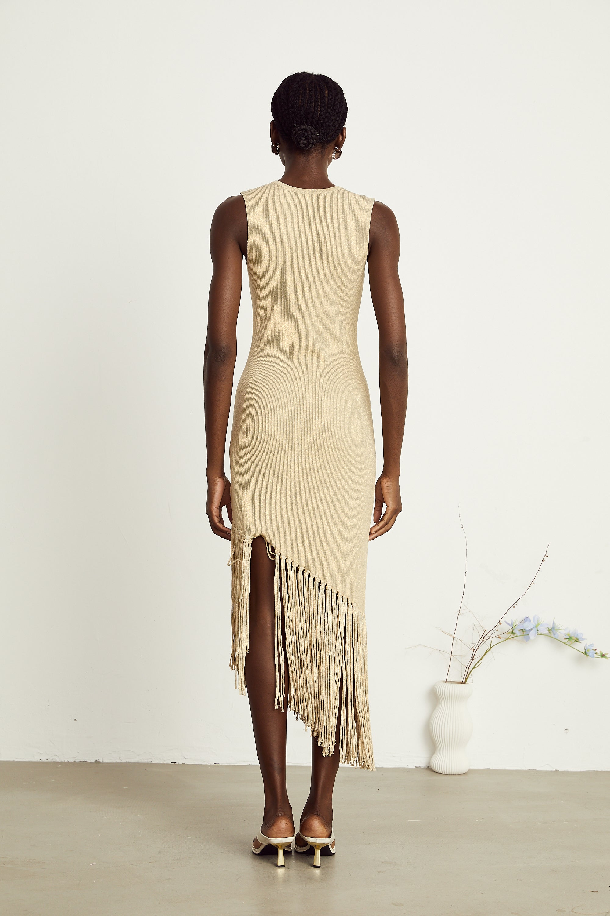 Sophie fringed asymmetric sleeveless midi dress