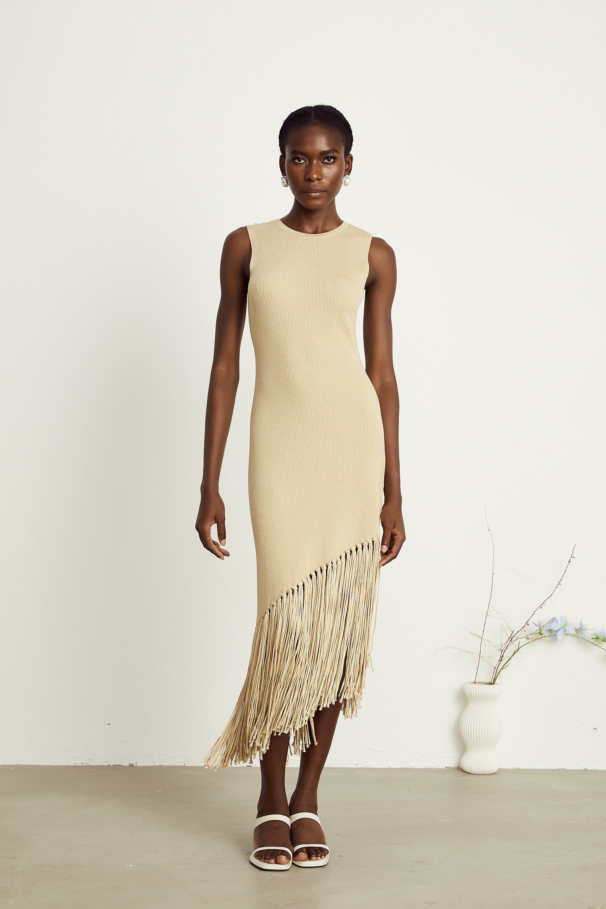 Sophie fringed asymmetric sleeveless midi dress