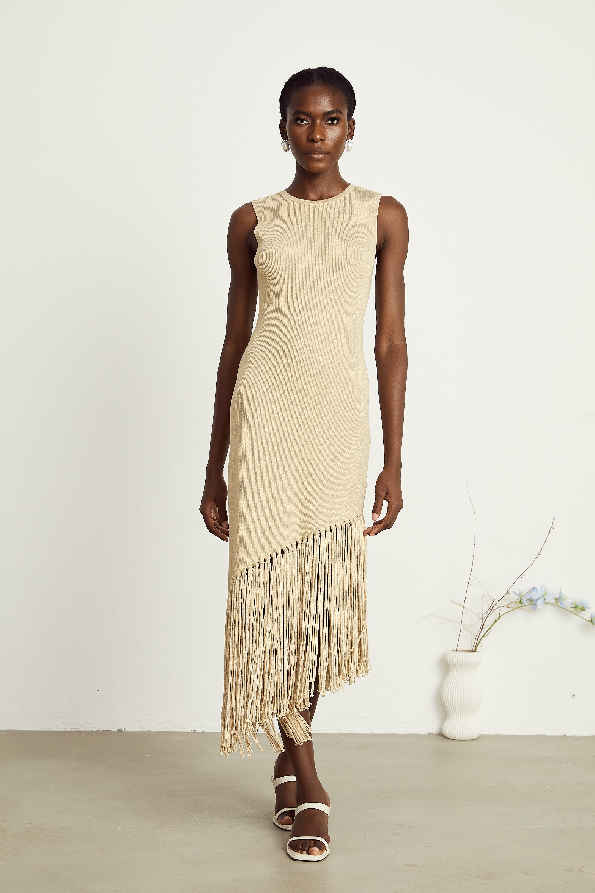 Sophie fringed asymmetric sleeveless midi dress