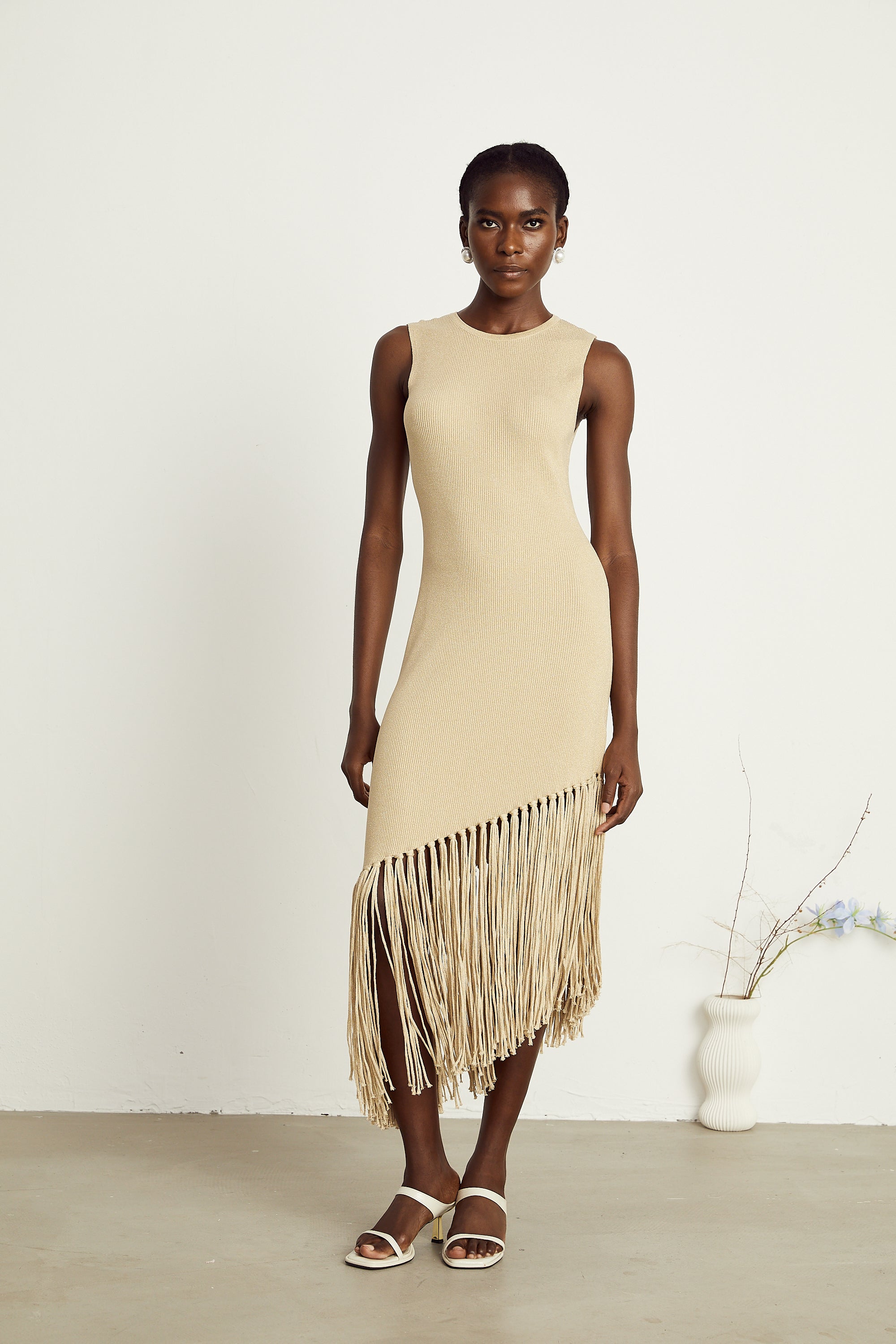 Sophie fringed asymmetric sleeveless midi dress