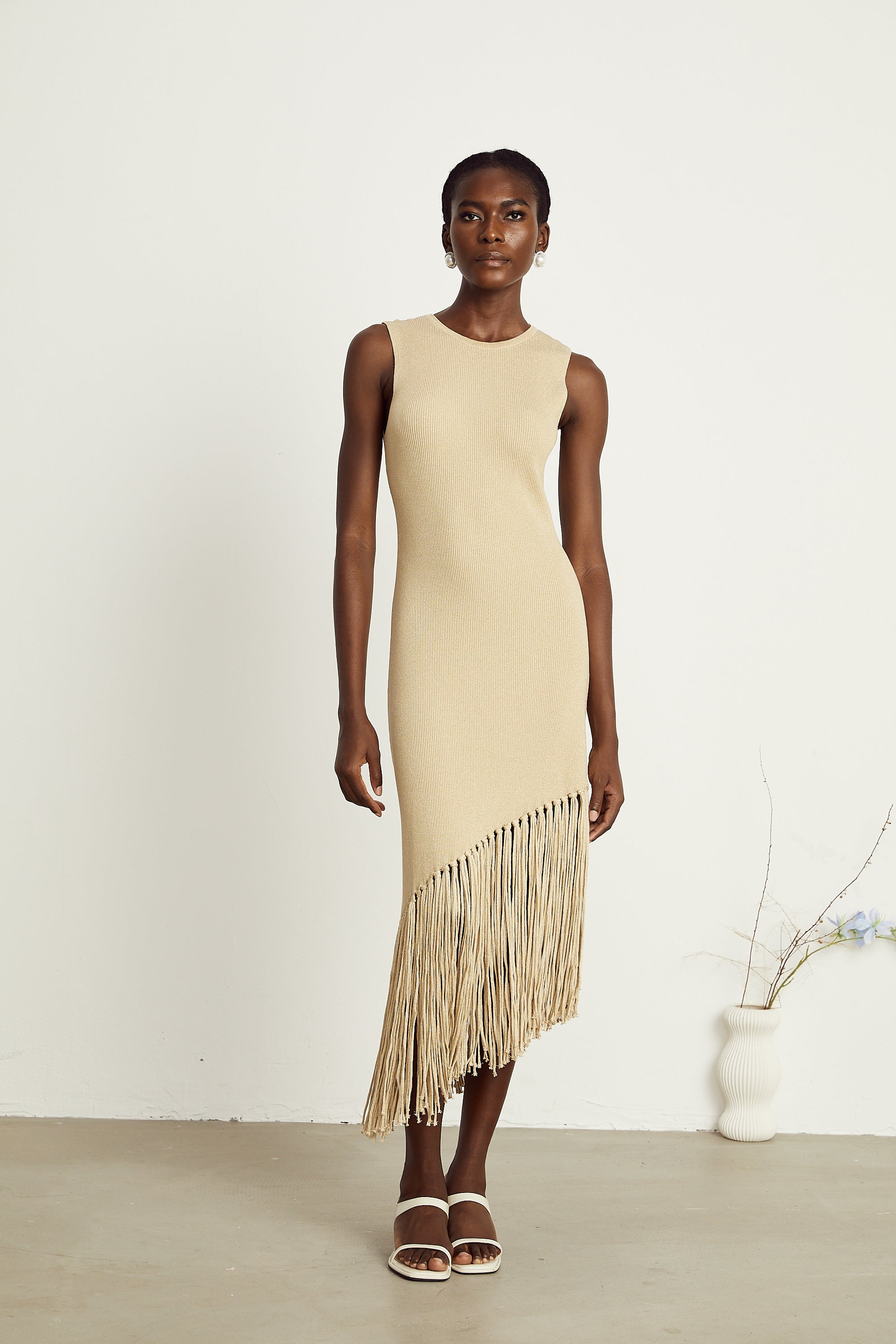 Sophie fringed asymmetric sleeveless midi dress